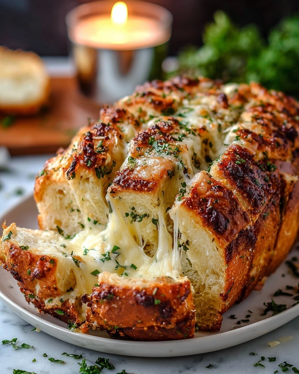 A close-up of a golden brown pull-apart bread loaf resting on a round wooden board set on a white marbled surface. The bread is divided into nine square-shaped sections straight from the top, each topped with a shiny, crispy crust sprinkled with coarse salt and finely chopped green herbs. One square has been pulled apart, showing a fluffy white inside layered with melted gooey cheese stretching from the pull, also garnished with bits of green herbs. The crunchy top contrasts with the soft, moist inside, creating a warm and inviting look. Photo taken with an iphone --ar 4:5 --v 7