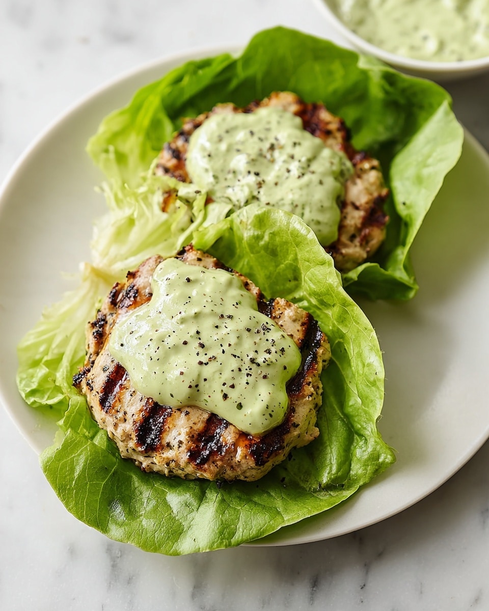 A white plate holds two lettuce wraps, each made with a large, fresh green lettuce leaf at the bottom, topped with a grilled round chicken patty showing dark brown grill marks clearly. On top of each patty, there is a thick layer of pale green creamy sauce, speckled with coarse black pepper. The plate sits on a white marbled surface. Photo taken with an iphone --ar 4:5 --v 7