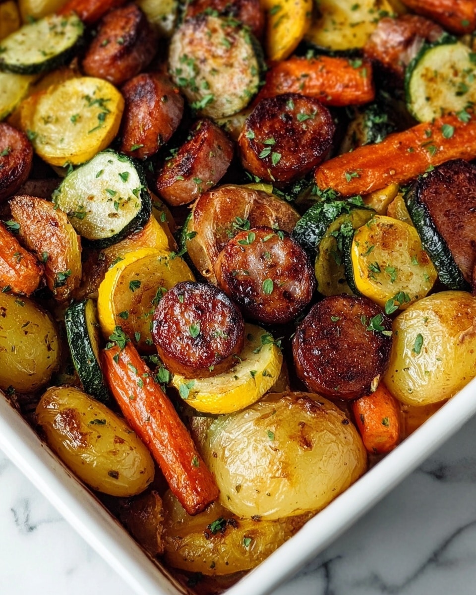 The image shows a close-up of a white square dish filled with colorful roasted vegetables and sausage slices. The dish has about three layers visible: the bottom layer is made up of roasted carrots and golden potatoes with a soft, slightly crispy texture; the middle layer has round slices of yellow and green zucchini with a tender, slightly charred look; the top layer features thick, browned slices of sausage, garnished with small green herb pieces scattered evenly over the food. The dish is set on a white marbled surface. photo taken with an iphone --ar 4:5 --v 7