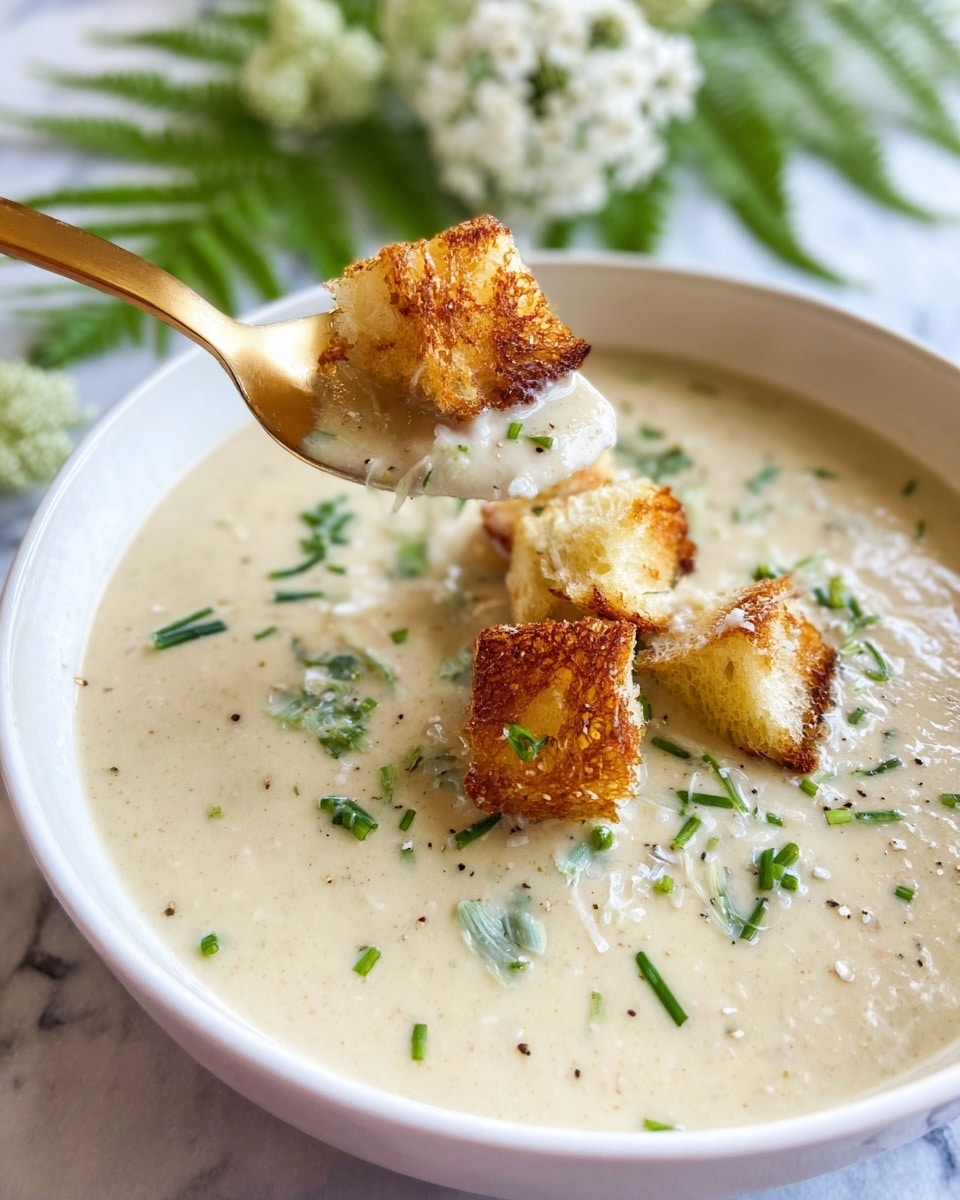 This image shows a close-up of a creamy light beige soup served in a white bowl. The soup has a smooth texture with small green chive pieces scattered evenly throughout and a few cracked black pepper specks. On top of the soup, there are four golden-brown croutons, crispy with some toasted edges. A gold spoon is lifting one crouton covered in the creamy soup with some chives. In the background, the setting has a white marbled surface with some green fern leaves and small white flowers softly blurred. The photo taken with an iphone --ar 4:5 --v 7
