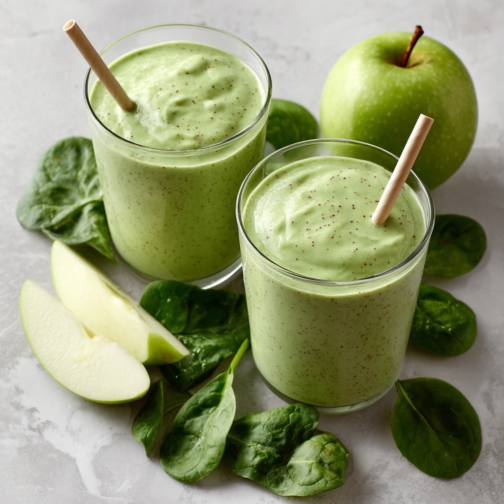 The image shows two clear glasses filled with a thick, pale green smoothie that has tiny dark specks on the surface, indicating blended spinach or herbs. Each glass has a light-colored straw, and fresh spinach leaves are spread around the glasses on a white marbled surface. There are also sliced green apples beside the glasses, contributing to the fresh and healthy look of the drink. The smoothie has a smooth texture and is evenly filled to just below the rim of the glasses. Photo taken with an iphone --ar 4:5 --v 7