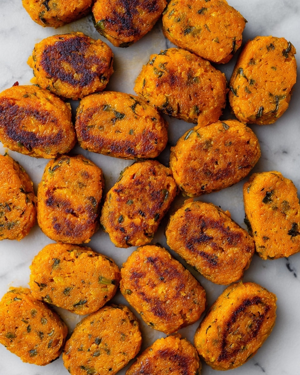 Many small, oval-shaped patties are arranged closely together on a sheet with a white marbled texture. Each patty has a bright orange color with small dark green specks mixed throughout, giving a textured look. The tops of the patties have browned spots that suggest they were cooked on a hot surface, adding contrast with dark brown patches. The patties have a firm and slightly coarse texture and are evenly shaped, resembling little croquettes or vegetable fritters. photo taken with an iphone --ar 4:5 --v 7