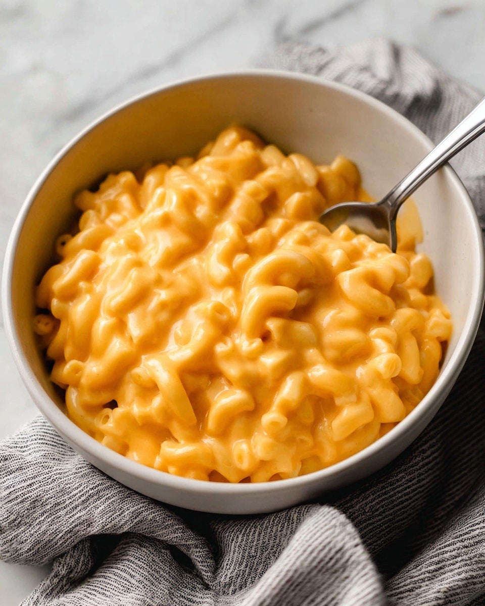 A white bowl filled with creamy macaroni and cheese, showing one main layer of small curved pasta coated in smooth, bright orange cheese sauce that looks thick and rich. A silver spoon is placed inside the bowl, partially submerged in the cheesy pasta. The bowl sits on a white marbled surface with a folded striped gray and white cloth next to it. photo taken with an iphone --ar 4:5 --v 7