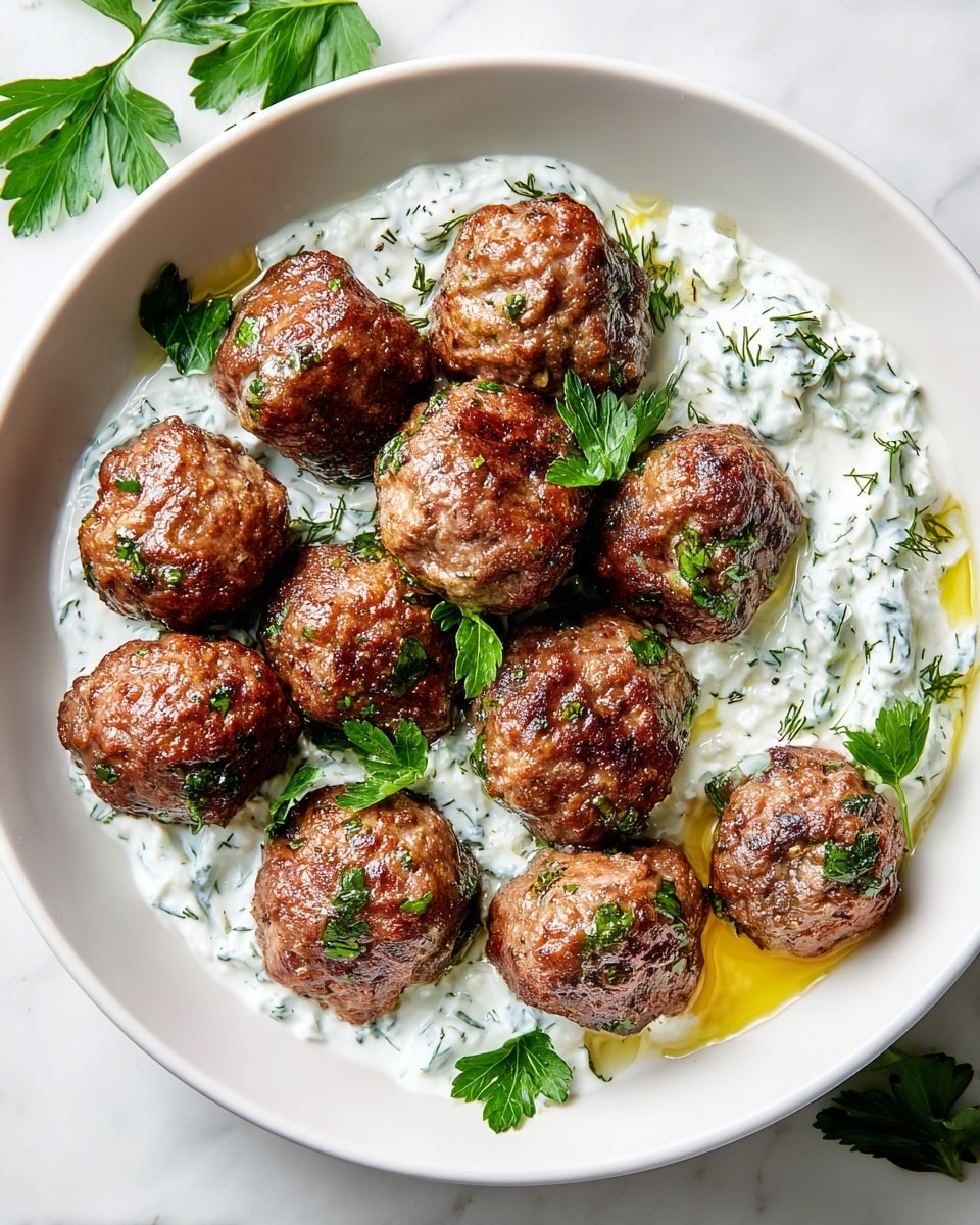 A white bowl sits on a white marbled surface filled with ten browned meatballs arranged mostly on the left side, each glistening with a light coating of oil and sprinkled with small green herb pieces. On the right side, there is a thick white yogurt sauce mixed with chopped green herbs and a drizzle of olive oil, giving a creamy texture. Some fresh parsley leaves are placed around the bowl as decoration. photo taken with an iphone --ar 4:5 --v 7
