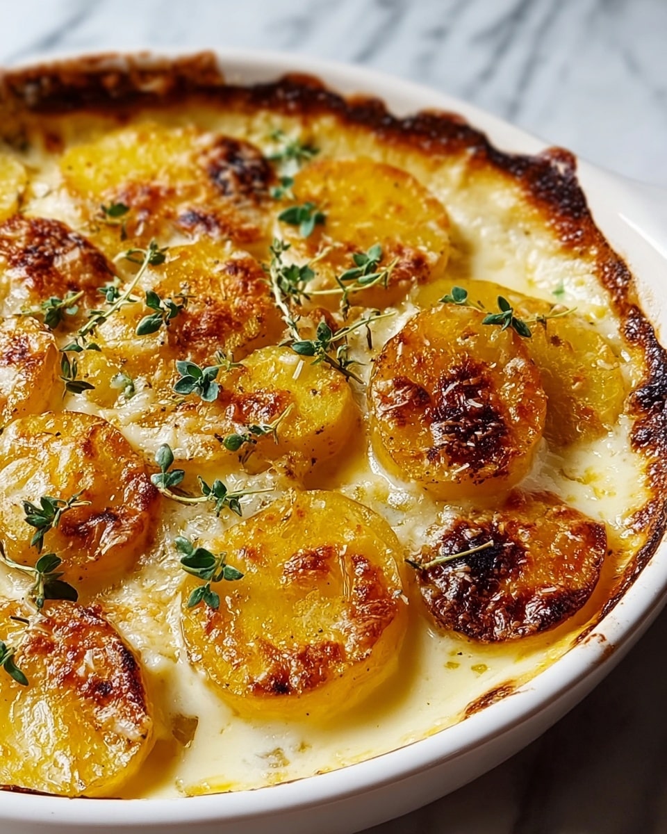 A white round dish filled with a creamy potato gratin consisting of two main visible layers; the bottom layer is a smooth, rich, off-white creamy sauce, and the top layer is made of thick round slices of golden-brown potatoes with a crispy, slightly charred texture on the edges, evenly arranged across the surface. Small green herb leaves are scattered on top, adding color contrast and freshness. The edges of the dish show a browned, baked crust where the sauce bubbled over slightly, creating a rustic appeal. The dish is set on a white marbled surface. Photo taken with an iphone --ar 4:5 --v 7