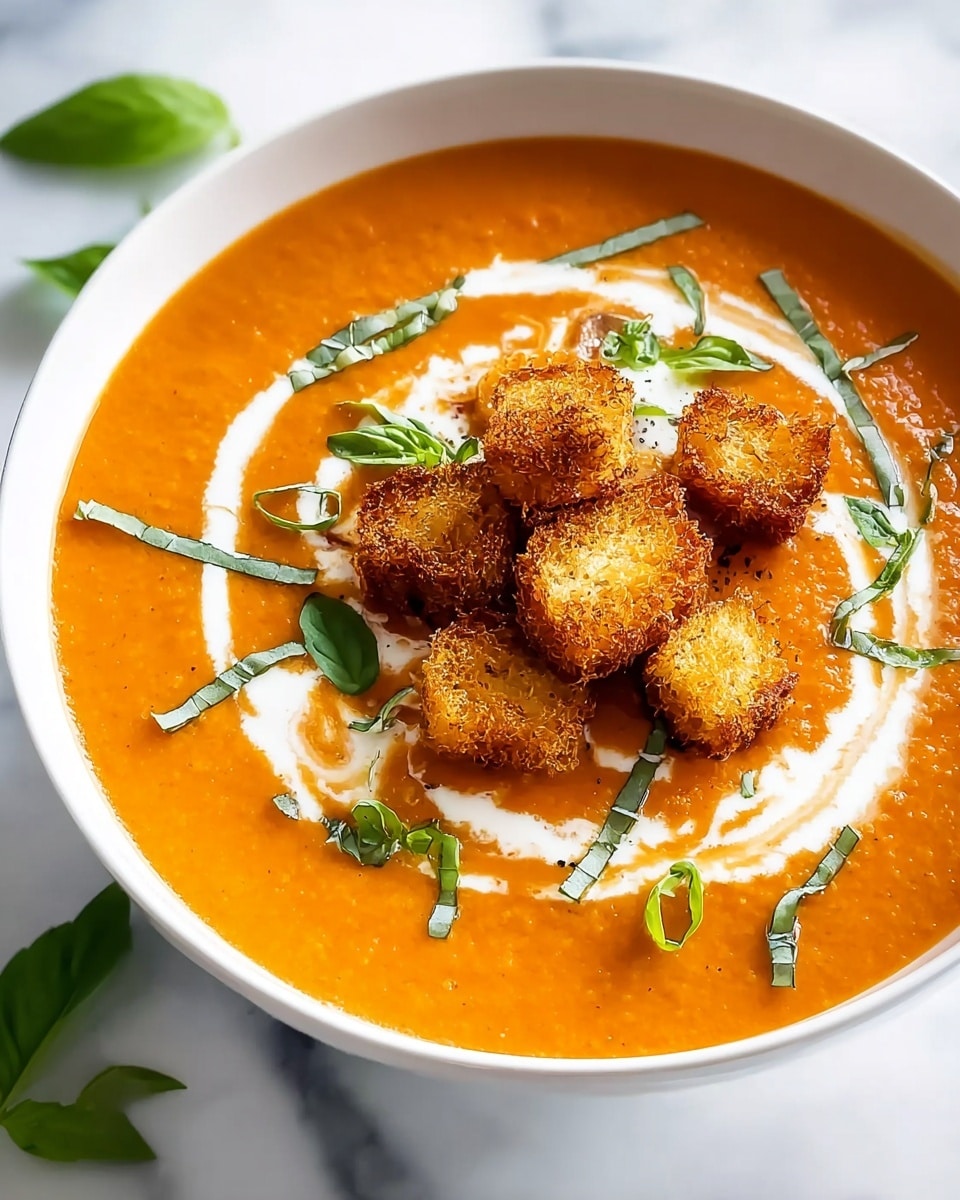 A white bowl filled with a smooth, thick orange soup as the base layer, topped with several golden-brown crispy croutons arranged in the center, each showing a textured, slightly porous surface. Light green fresh basil leaves and thin strips of basil are scattered on top and around the croutons. A white cream swirl decorates the soup surface, creating a circular pattern that contrasts with the orange base. The bowl is placed on a white marbled surface, with a few loose basil leaves near the bowl's edge. Photo taken with an iphone --ar 4:5 --v 7