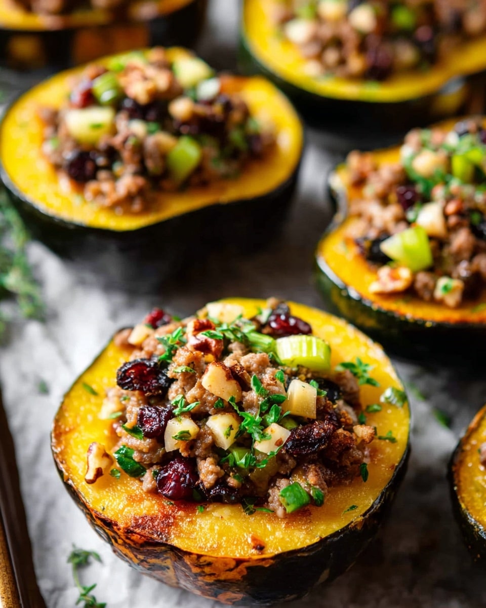 A close-up view of halved, roasted yellow squash filled with a mixture of cooked ground meat, diced light green celery, small white and brown nut pieces, dark red dried fruit bits, and fresh green herbs sprinkled on top. The squash skin is dark green and glossy, with the yellow flesh browned slightly around the edges from roasting. The dish is set on a tray with a white marbled texture background, showing multiple stuffed squash halves arranged close together. photo taken with an iphone --ar 4:5 --v 7