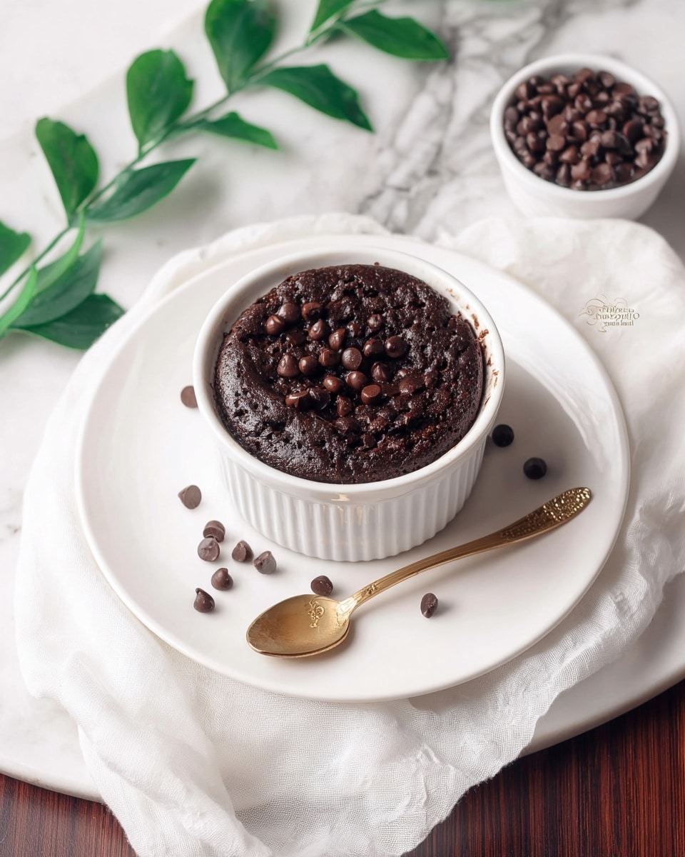 A deep brown, rich chocolate cake sits in a small white ramekin, filled to the top with a rough, bumpy texture from melted chocolate chips scattered throughout the surface. The ramekin rests on a large white plate, where a few chocolate chips lie nearby, along with a small golden spoon with leaf-shaped details on the handle. A white lightly textured cloth drapes softly around the plate, and a small white bowl filled with more chocolate chips is visible in the top right corner, all set on a dark wooden table partially covered by a white marbled surface. A green leafy branch adds a fresh touch to the top left corner. Photo taken with an iphone --ar 4:5 --v 7