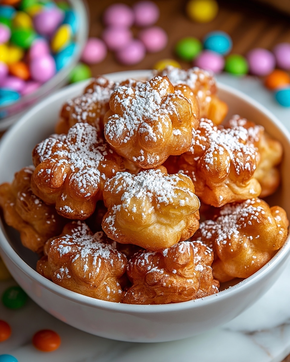 A white bowl is filled with about twenty small flower-shaped golden brown fritters, stacked in layers. Each fritter has a slightly shiny, crisp texture with puffed edges and is sprinkled generously with white powdered sugar on top, adding a light dusting that contrasts with the warm golden color. The bowl sits on a white marbled surface scattered with colorful small round candies in the blurred background. The overall look is cozy and inviting with a mix of soft and crunchy textures visible. photo taken with an iphone --ar 4:5 --v 7