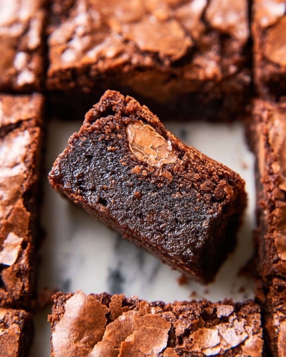 A close-up view of rich, chocolatey brownies cut into square pieces on a white marbled surface. One brownie piece is lifted slightly above the others, showing two layers: the top layer has a cracked, crispy dark brown crust with lighter brown flakes, while the inside is dense, moist, and fudgy with a deep dark chocolate color and a slightly grainy texture. The surrounding brownies have the same cracked crust with uneven texture and golden brown cracks. photo taken with an iphone --ar 4:5 --v 7
