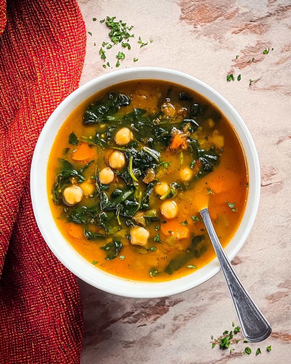 A white bowl filled with a warm soup consisting of three main layers: the base is a smooth orange broth, the middle layer features pale chickpeas and translucent onion pieces, and the top layer has roughly chopped dark green leafy vegetables scattered throughout. A silver spoon rests inside the bowl, partially submerged on the right side. Small green herb bits are sprinkled on and around the bowl, which sits on a white marbled surface next to a red woven textured cloth. Photo taken with an iphone --ar 4:5 --v 7
