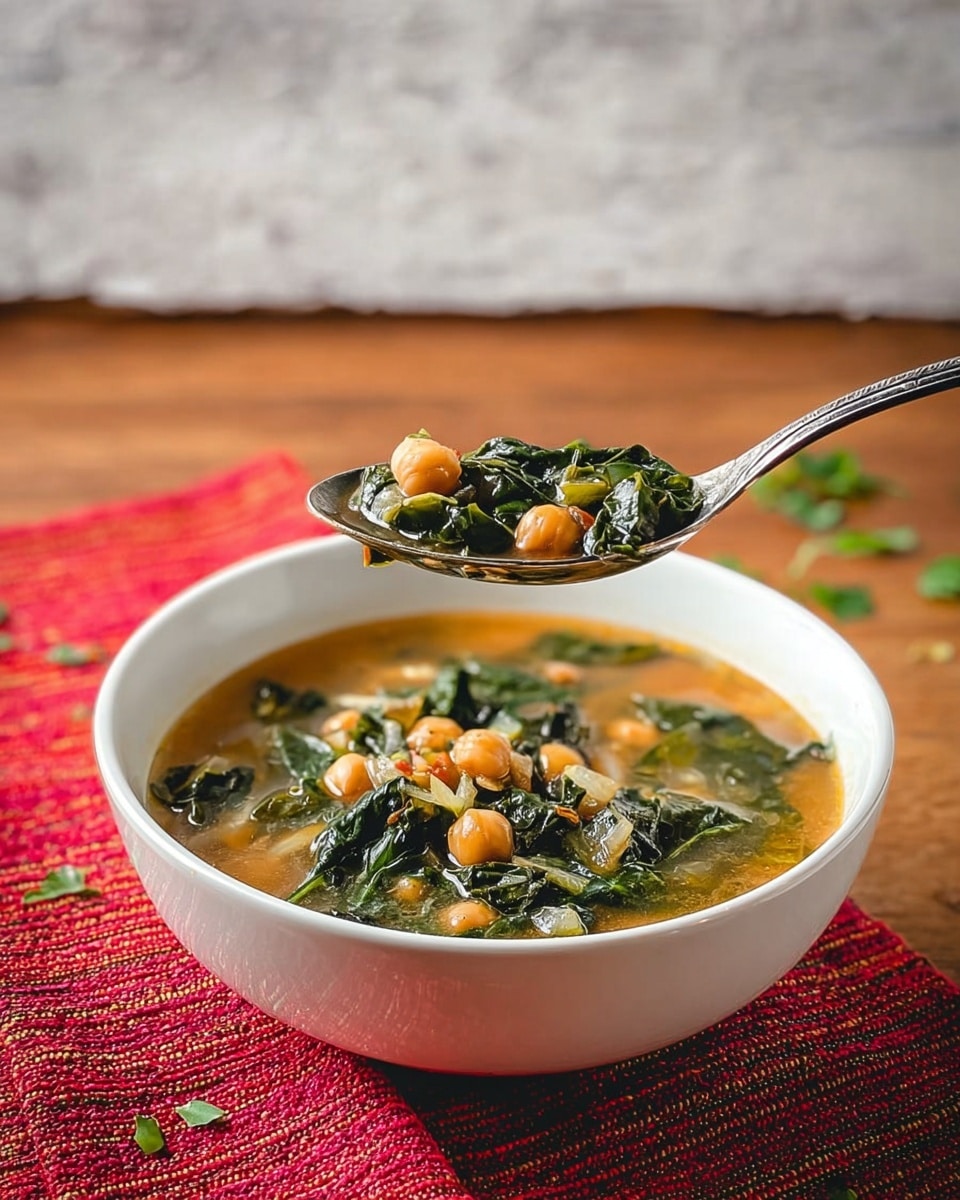 A white bowl filled with a warm soup showing layers of dark green leafy vegetables, light beige chickpeas, and translucent chopped onions in a light brown broth. Above the bowl, a silver spoon holds a small portion of the soup with the same ingredients clearly visible. The setting is on a wooden surface with a red woven cloth partially visible to the left, and the background has a white textured wall. Small bits of herbs are lightly scattered around the bowl. Photo taken with an iphone --ar 4:5 --v 7