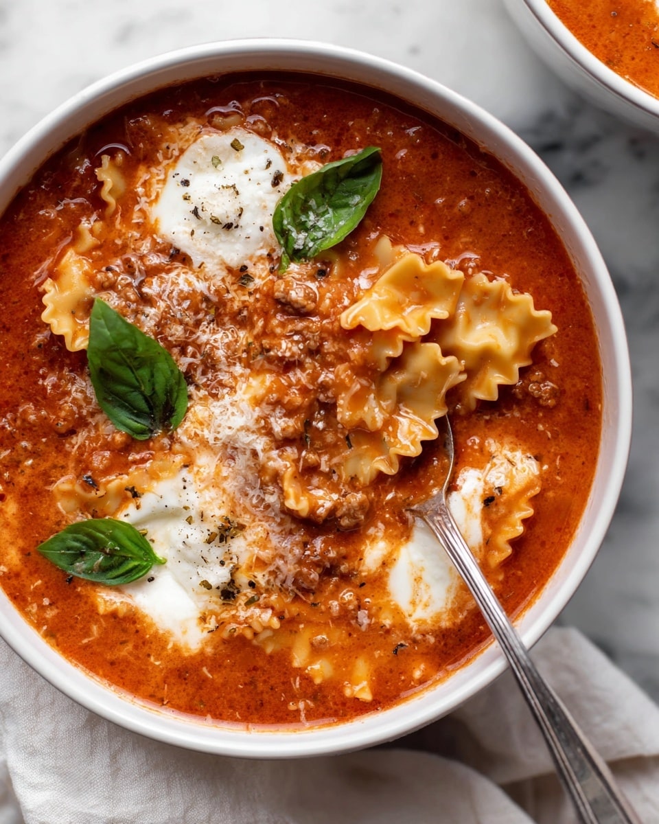 A white bowl filled with a thick, rich red tomato soup that contains ruffled lasagna noodles and small bits of meat. The soup has a creamy texture and is topped with melted white cheese patches and three fresh green basil leaves sprinkled with grated cheese. A silver spoon rests inside the bowl, holding a piece of noodle covered in sauce and cheese. The bowl sits on a white marbled surface with part of a white cloth napkin visible nearby. photo taken with an iphone --ar 4:5 --v 7