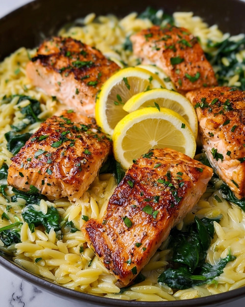 The image shows a close-up of a dish with four pieces of golden-brown grilled salmon, each piece sprinkled with small green herbs. The salmon rests on a creamy bed of yellow orzo pasta mixed with wilted dark green spinach leaves. Two thin, round lemon slices are placed on top of the orzo, adding a fresh yellow contrast. The textures highlight the crispy exterior of the salmon and the smooth, creamy texture of the pasta. The background is a white marbled texture. photo taken with an iphone --ar 4:5 --v 7