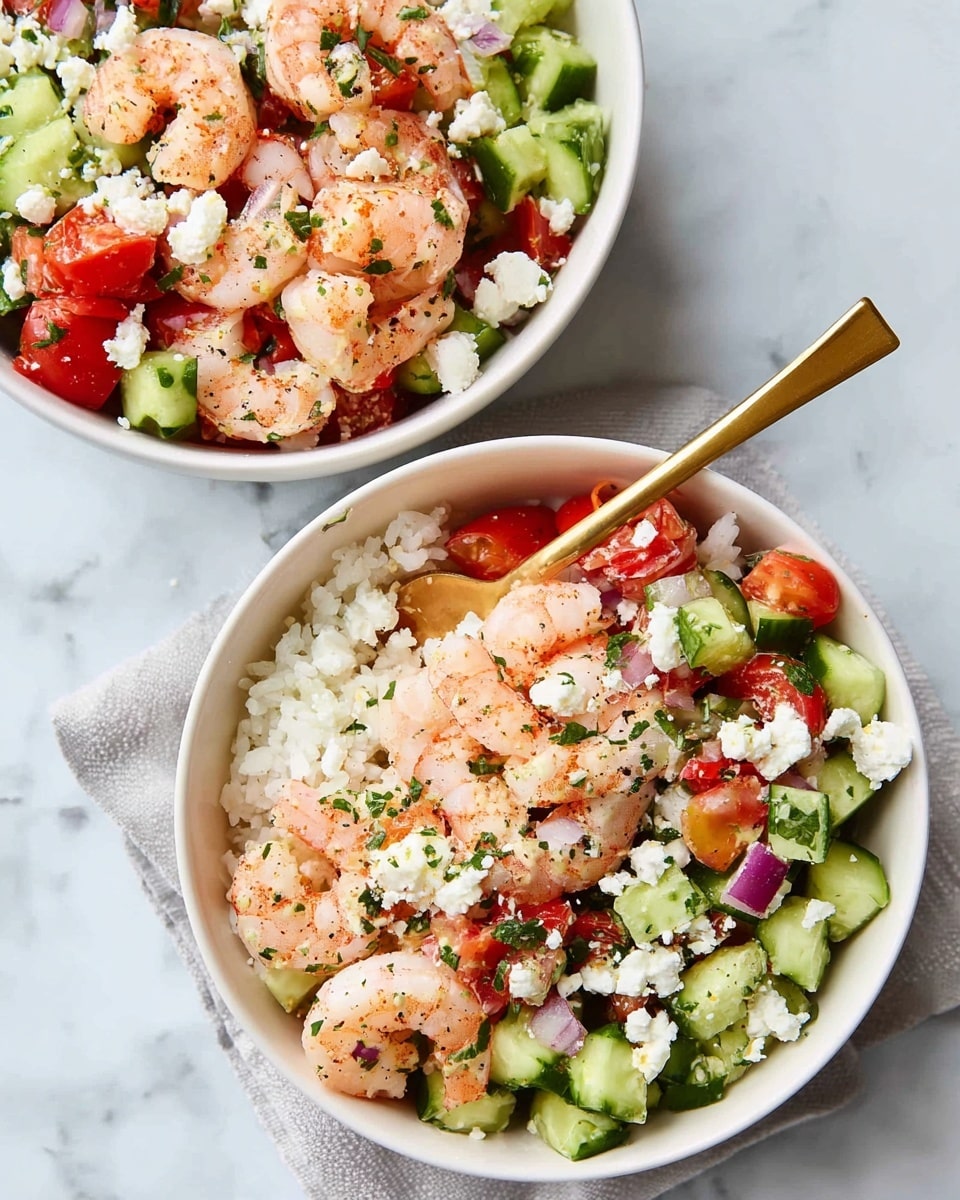 The image shows two white bowls filled with a vibrant shrimp salad on a white marbled surface. Each bowl contains three main layers: the bottom layer is white rice, topped with a middle layer of mixed fresh vegetables including green cucumber chunks, red tomato pieces, and some red onion bits, all mixed with herbs. On top, the third layer features pink cooked shrimp scattered evenly with white crumbly cheese sprinkled all over. A gold spoon is placed inside the closest bowl. The photo is bright and clear, highlighting the fresh colors and textures of the ingredients. Photo taken with an iphone --ar 4:5 --v 7