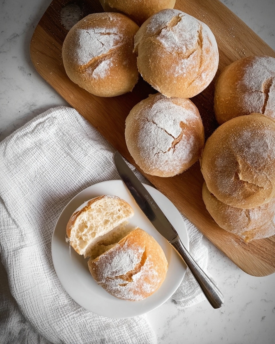The image shows a wooden board filled with several round bread rolls dusted with white flour, each having a slightly cracked, golden brown crust. Next to it is a white plate on a white marbled surface, holding one bread roll split open to reveal its soft, light beige inside. A silver knife lays diagonally across the plate, resting partly on the bread roll's bottom half, while a textured white cloth is placed beside the board. The photo taken with an iphone --ar 4:5 --v 7