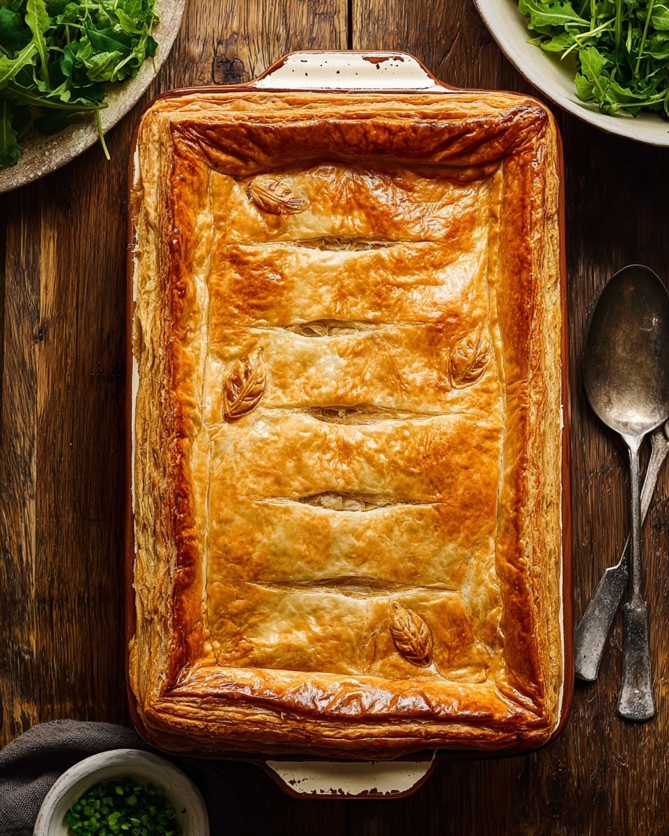 A golden brown rectangular pie with a flaky crust sits in a white baking dish with brown edges, placed on a wood surface. The crust shows five shallow horizontal cuts on the top, allowing steam to escape, and three small decorative leaf shapes centered just below the middle. The crust's edges are thick and puffed up, showing multiple layers of pastry. To the right side of the dish lies a vintage silver spoon, and to the top right corner, a white bowl of fresh green salad leaves is partially visible, along with a small white bowl of chopped chives at the bottom left. The setting is warm and rustic, focused on the inviting appearance of the pie. photo taken with an iphone --ar 4:5 --v 7