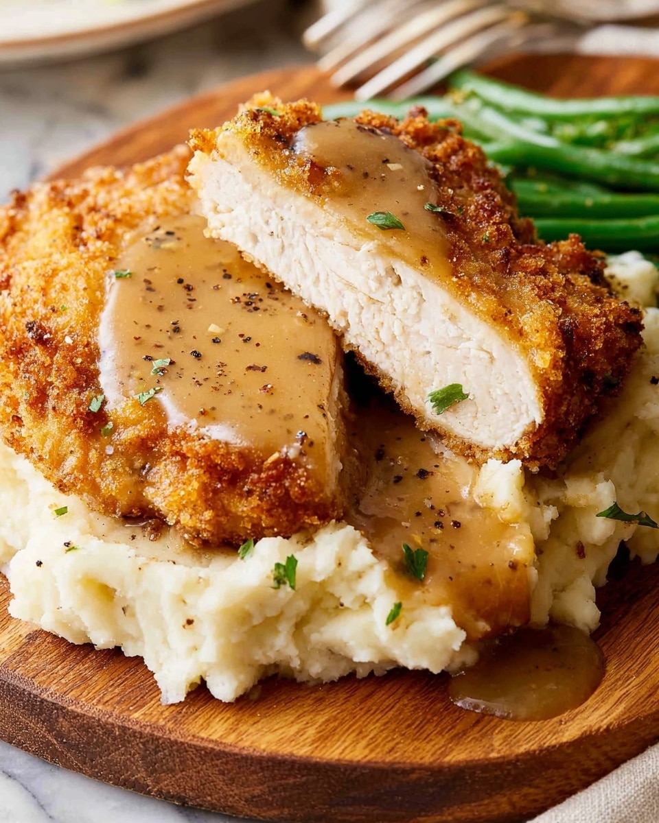 A close-up view of a dish featuring two thick, crispy fried chicken cutlets with a golden-brown crust, one cutlet is partially sliced to show white juicy meat inside. The chicken is draped with smooth, creamy brown gravy that glistens under the light, sprinkled with black pepper. Beneath the chicken is a big, fluffy mound of white mashed potatoes with a slightly creamy texture and a few green herb specks visible. To the side, bright green slender beans add a fresh color contrast. Everything is arranged on a wooden board set on a white marbled surface, with a fork partly visible at the edge. Photo taken with an iphone --ar 4:5 --v 7
