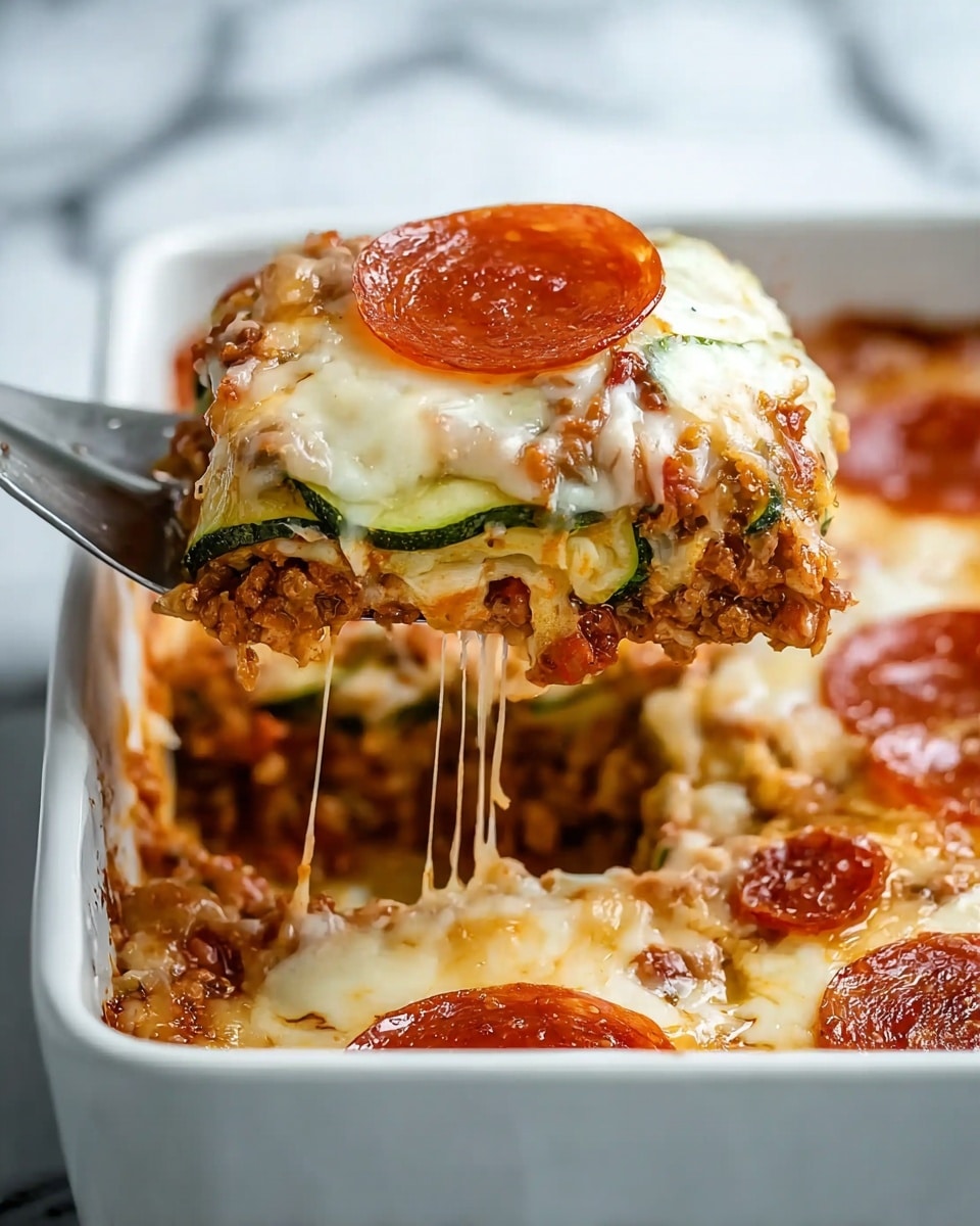 A slice of a baked layered dish is being lifted with a metal spatula from a white baking dish, showing clear layers including a bottom layer of minced meat sauce with a rich brown color, a middle layer of green vegetable slices, likely zucchini, and a top layer of melted, golden-brown cheese that is stretchy and gooey. On top of the cheese layer, there is a single round, reddish-brown pepperoni slice. The baking dish sits on a surface with a white marbled texture. The image focuses on the gooey cheese stretch and the glossy surface of the pepperoni slice. Photo taken with an iphone --ar 4:5 --v 7