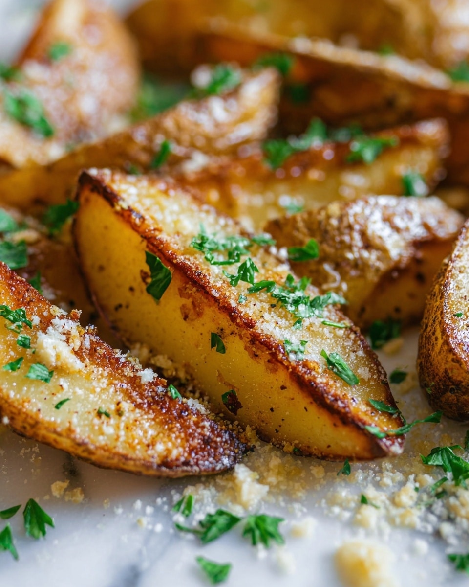 The image shows golden brown potato wedges with a crispy outer layer, sprinkled with small bits of grated parmesan cheese and finely chopped green parsley leaves, resting on a white marbled surface. The potato wedges have a slightly rough texture with some areas showing a deeper roast, and the green parsley adds a fresh color contrast. There is a hint of grated cheese underneath the wedges, spreading around them softly. The close-up view focuses on the crispiness and seasoning details of the potato wedges. Photo taken with an iphone --ar 4:5 --v 7