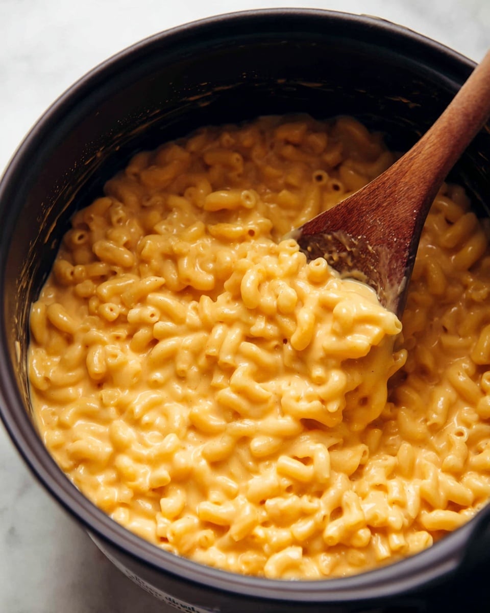 A close-up view of creamy macaroni and cheese inside a dark cooking pot, with a wooden spoon partially lifting the macaroni, showing the smooth, rich, bright orange cheese sauce coating the small curved pasta pieces evenly. The cheese sauce looks thick and velvety, with a few small specks of seasoning visible throughout. The pot's inner surface is black, creating a contrast with the vibrant cheese color. The wooden spoon appears well-used with a natural brown texture and a slightly worn finish. The scene is set on a white marbled surface. photo taken with an iphone --ar 4:5 --v 7