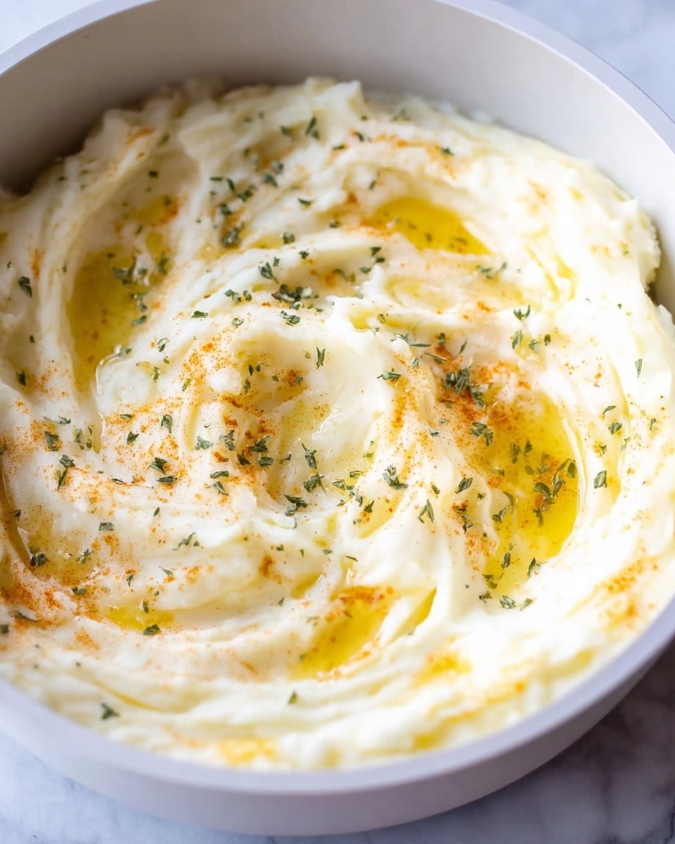 A close-up view of a smooth, creamy white mashed potato dish in a white bowl, with visible soft swirls and ridges across the surface. The top layer is lightly seasoned with scattered small green herb pieces and a dusting of reddish spice powder. A drizzle of golden melted butter pools gently in the center and flows slightly outward, adding a shiny texture contrast. The bowl sits on a white marbled surface. photo taken with an iphone --ar 4:5 --v 7