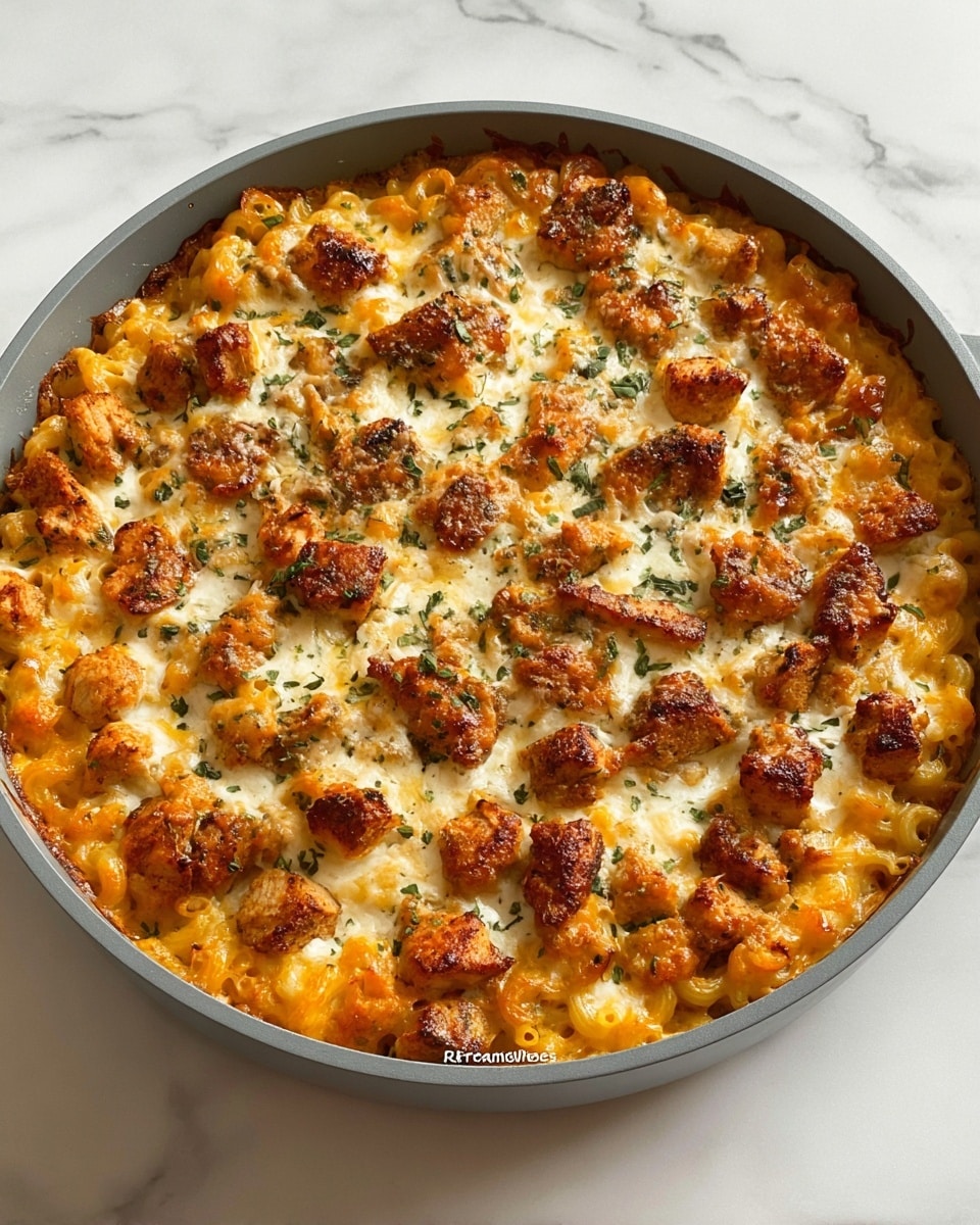 The image shows a large, round pan filled with baked macaroni and cheese topped with crispy, golden-brown pieces of chicken. The macaroni is creamy and well-coated with melted cheese that appears stringy and gooey, forming a golden crust on top with some orange and white melted cheese patches. The chicken pieces are scattered evenly across the surface, providing crunchy texture amid the soft pasta. A wooden-handled spatula is scooping out a generous serving, showing the dense and cheesy layers of the macaroni beneath the crust. The pan sits on a clean, white marbled surface. photo taken with an iphone --ar 4:5 --v 7