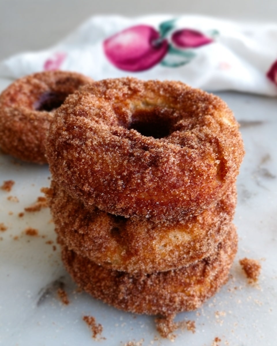 The image shows a close-up of three cinnamon sugar-coated donuts stacked slightly on top of each other on a white marbled surface. The donuts have a rough, crispy texture with a rich golden-brown color and crunchy sugar crystals covering their surface. There are some crumbs scattered around, and part of a white cloth with red and pink fruit designs is visible in the background. Photo taken with an iphone --ar 4:5 --v 7
