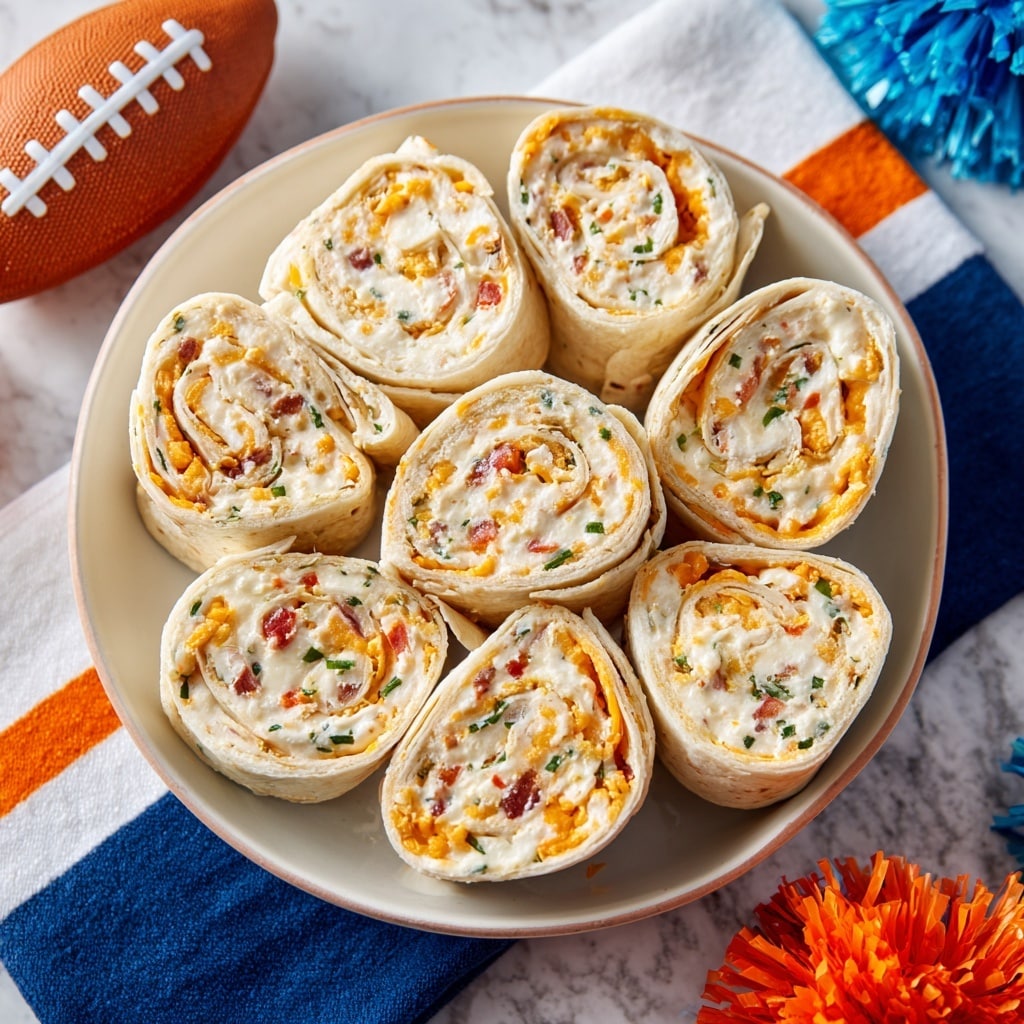A tall stack of small, round pinwheel sandwiches arranged in a pyramid shape on a white plate. Each pinwheel shows a creamy filling with an uneven spread of orange, green, and pink bits evenly rolled in a soft, light beige wrap. The plate is set on a white marbled surface with a blurred white football-shaped bowl and colorful orange, blue, and green cloth in the background. The image captures the textures of the creamy filling and soft wrap very clearly. Photo taken with an iphone --ar 4:5 --v 7