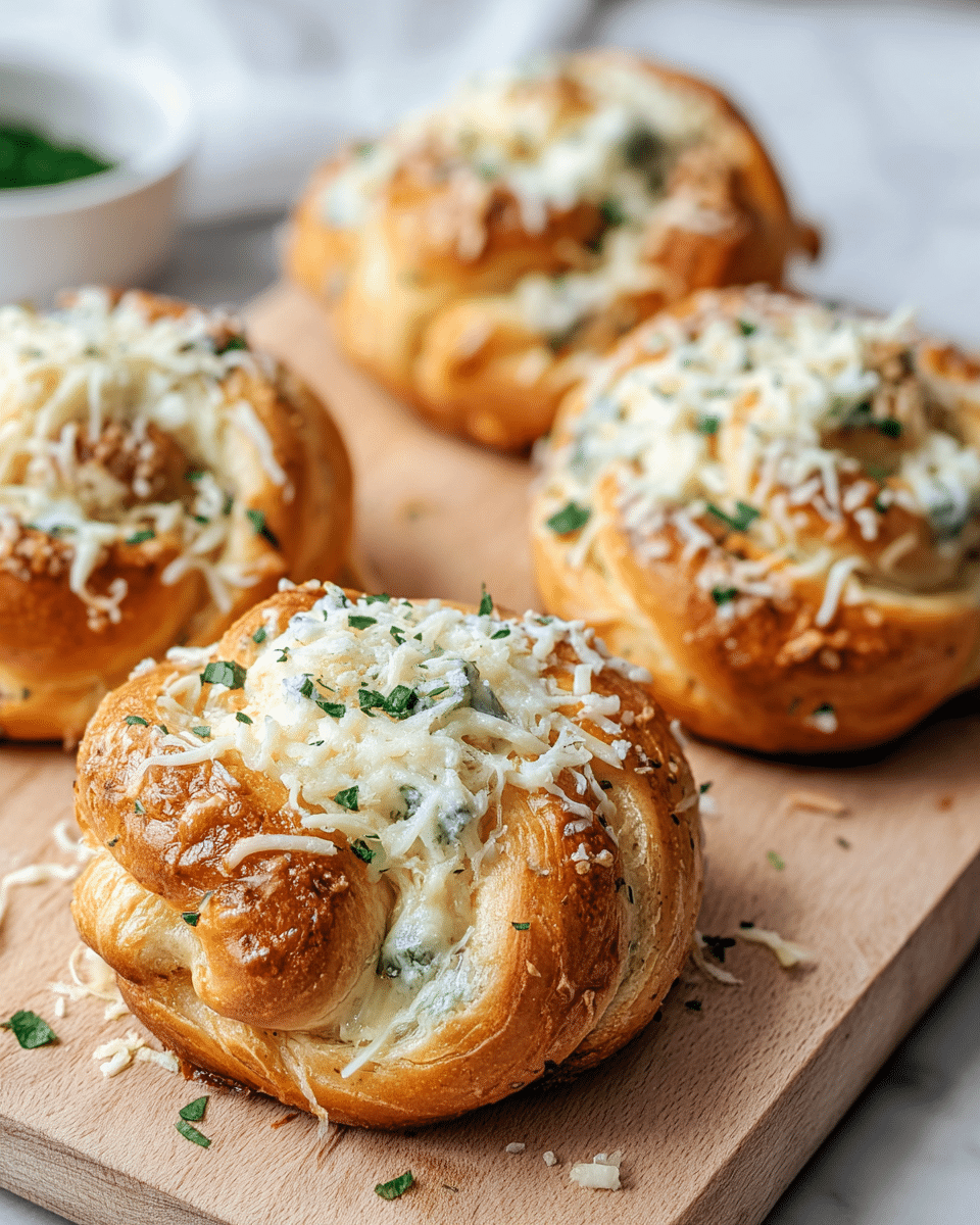 The image shows four round, golden-brown baked knots topped with shredded white cheese and small green herb pieces. Each knot has a soft, pillowy texture with slightly browned spots and visible layers where the dough twists, with melted cheese oozing slightly from the middle. The knots sit on a light wood cutting board with a few scattered green herb flakes and cheese bits around. The background includes a white marbled texture with soft, natural lighting. photo taken with an iphone --ar 4:5 --v 7
