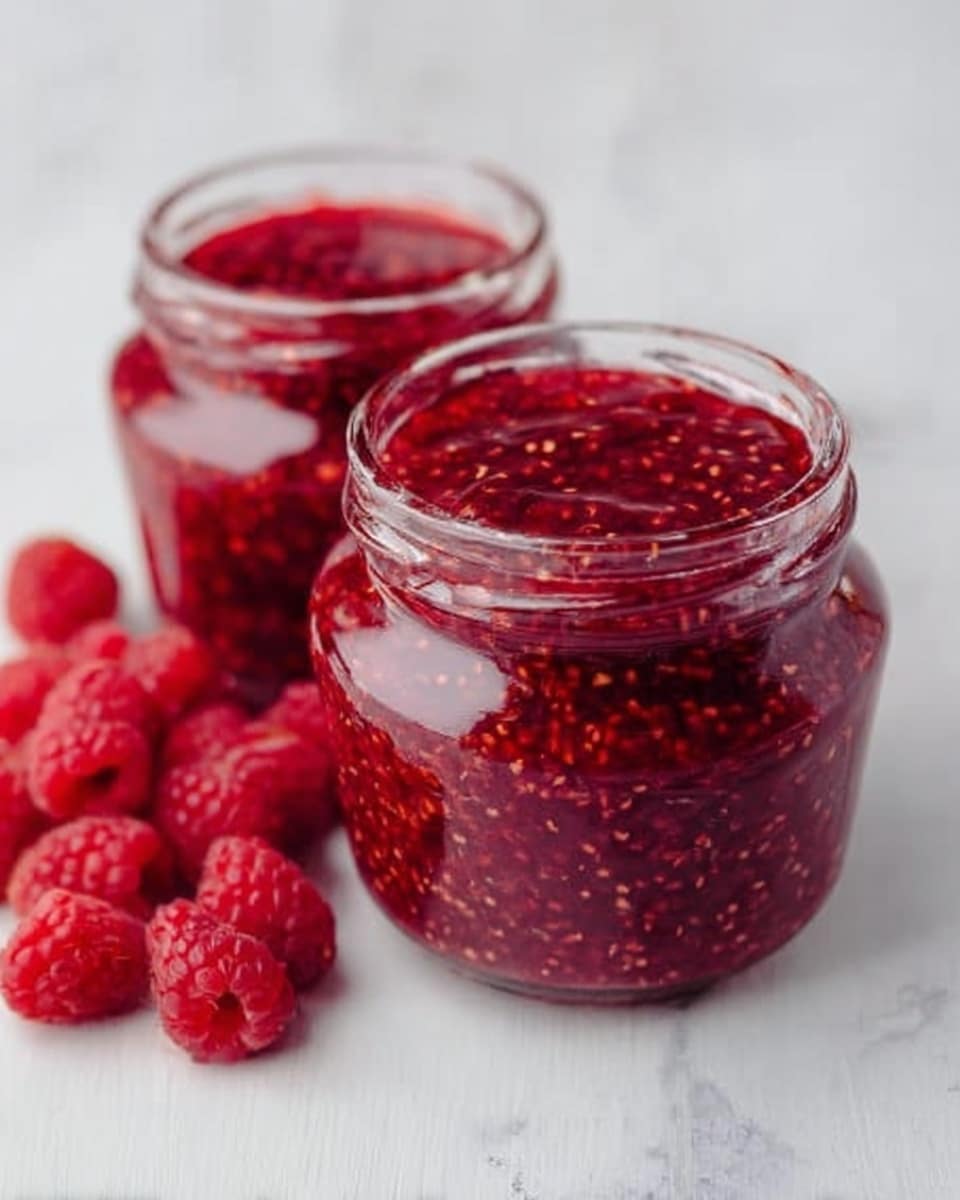 Two clear glass jars are full of bright red raspberry jam with visible seeds and small fruit pieces, showing a thick and slightly shiny texture inside the jars. Next to the jars, fresh whole raspberries are scattered on a white marbled surface, adding a natural touch. The jars are open, showing the jam is filled close to the top. The background is simple and softly lit, focusing attention on the rich red color of the jam and fresh berries. photo taken with an iphone --ar 4:5 --v 7