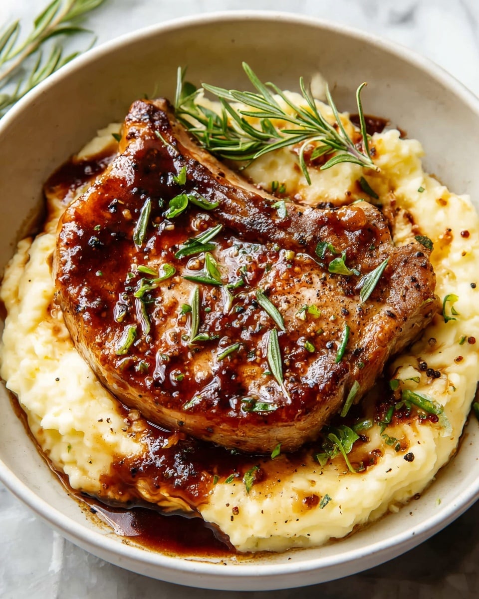 A clear plastic package at the top holds two raw pork chops with a pale pink color and some white fat around the edges, labeled with a blue and white sticker showing British flags and text. Below it, on a metal tray with a white marbled texture background, are several spice containers arranged in a 3 by 3 grid on the left side, with labels showing paprika, oregano, chili powder, Cajun seasoning, garlic granules, and smoked sea salt in glass and plastic bottles, featuring colorful caps like orange, green, pink, and white. To the right of the spices, a brown paper bag of dark brown soft sugar with purple and white labels sits above a wrapped block of British salted butter in gold and red packaging. On the far right side of the tray, a tall glass bottle of extra virgin olive oil with a green label is placed vertically. photo taken with an iphone --ar 4:5 --v 7