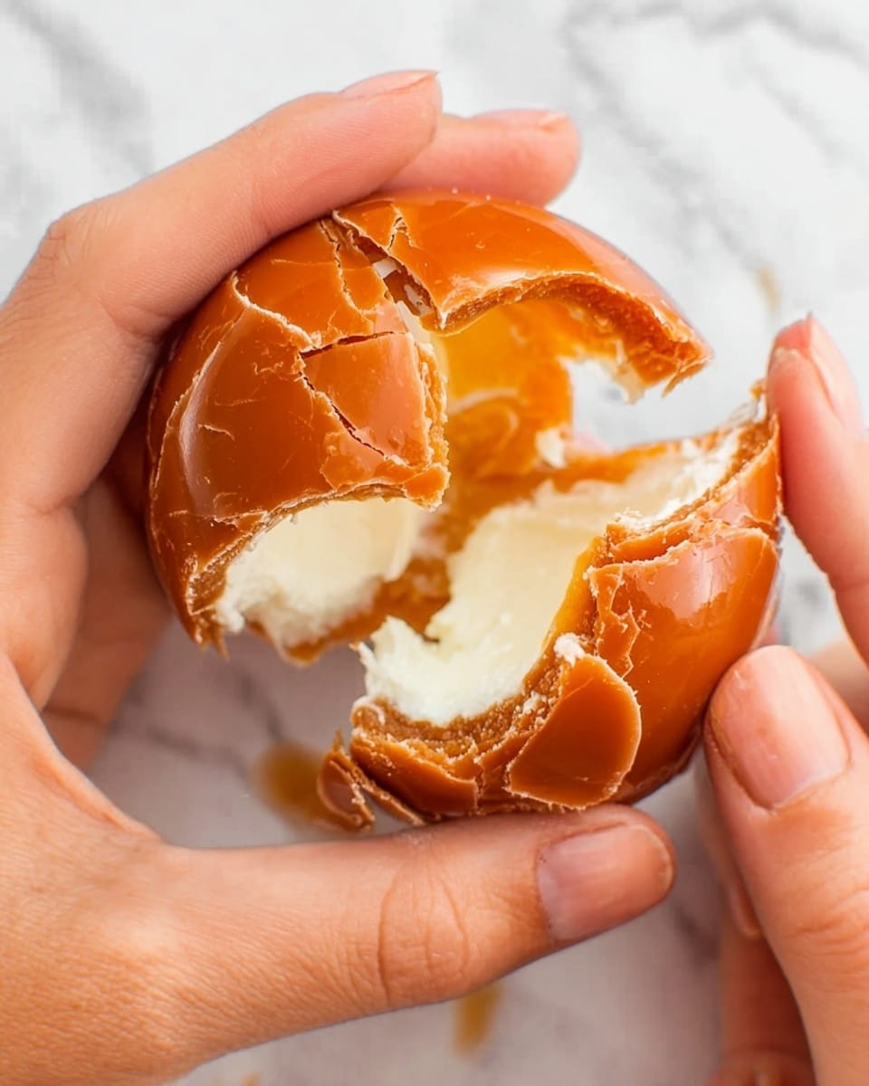 The image shows three round donuts placed side by side on a long, narrow white plate. Each donut has a golden brown, shiny glaze on top giving a smooth and glossy texture. There is a small dollop of light cream or frosting on the top of each donut near the side facing the camera. The white marbled surface is visible in the background, adding a clean and simple setting. Photo taken with an iphone --ar 4:5 --v 7