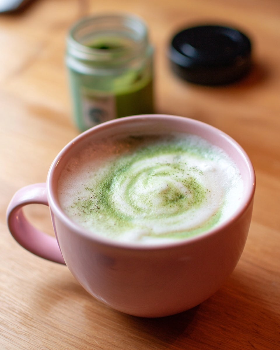 A pink cup filled with a creamy white foam layer on top with a light swirl of green powder or liquid gently mixed into the foam's surface. The cup is placed on a wooden table, and in the background, there is an open jar with green contents and its black lid resting beside it, slightly out of focus. photo taken with an iphone --ar 4:5 --v 7