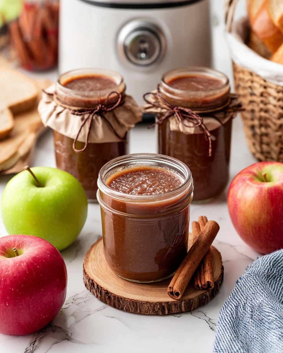 The image shows three glass jars filled with a brown, thick chunky sauce, with two of them tied around the neck with brown ribbons, sitting on a white marbled textured table. One jar in the center is open, revealing its chunky sauce inside with visible little air bubbles on top. This jar is placed on a wooden round coaster. Near it, two cinnamon sticks rest on the coaster. Surrounding the jars are two red apples and one green apple. In the background, a white kitchen appliance and a white woven basket with pieces of bread are visible. A blue and white striped cloth is seen on the right side. Photo taken with an iphone --ar 4:5 --v 7