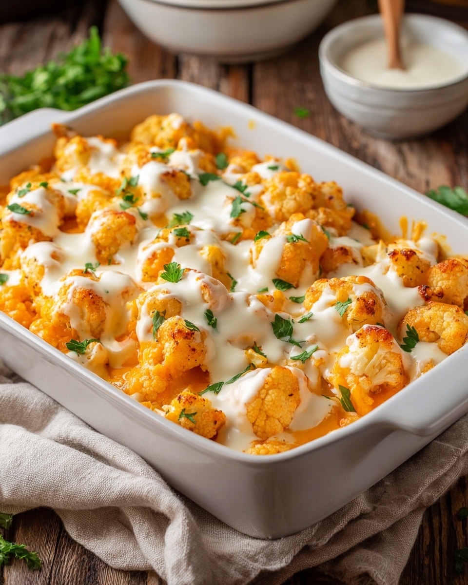 The casserole dish is white and filled with creamy buffalo chicken cauliflower, showing two layers. The bottom layer is a rich orange color from the buffalo sauce mixed with cooked chicken and cauliflower, which look soft and slightly chunky. On top, there is a thick layer of melted white cheese melting over the orange base and cauliflower florets, with small green herb leaves scattered around in the first image and chopped green onions sprinkled in the second image. The texture of the cheese is smooth and gooey, covering the dish unevenly but fully. The surface beneath the dish is a white marbled texture. Photo taken with an iphone --ar 4:5 --v 7
