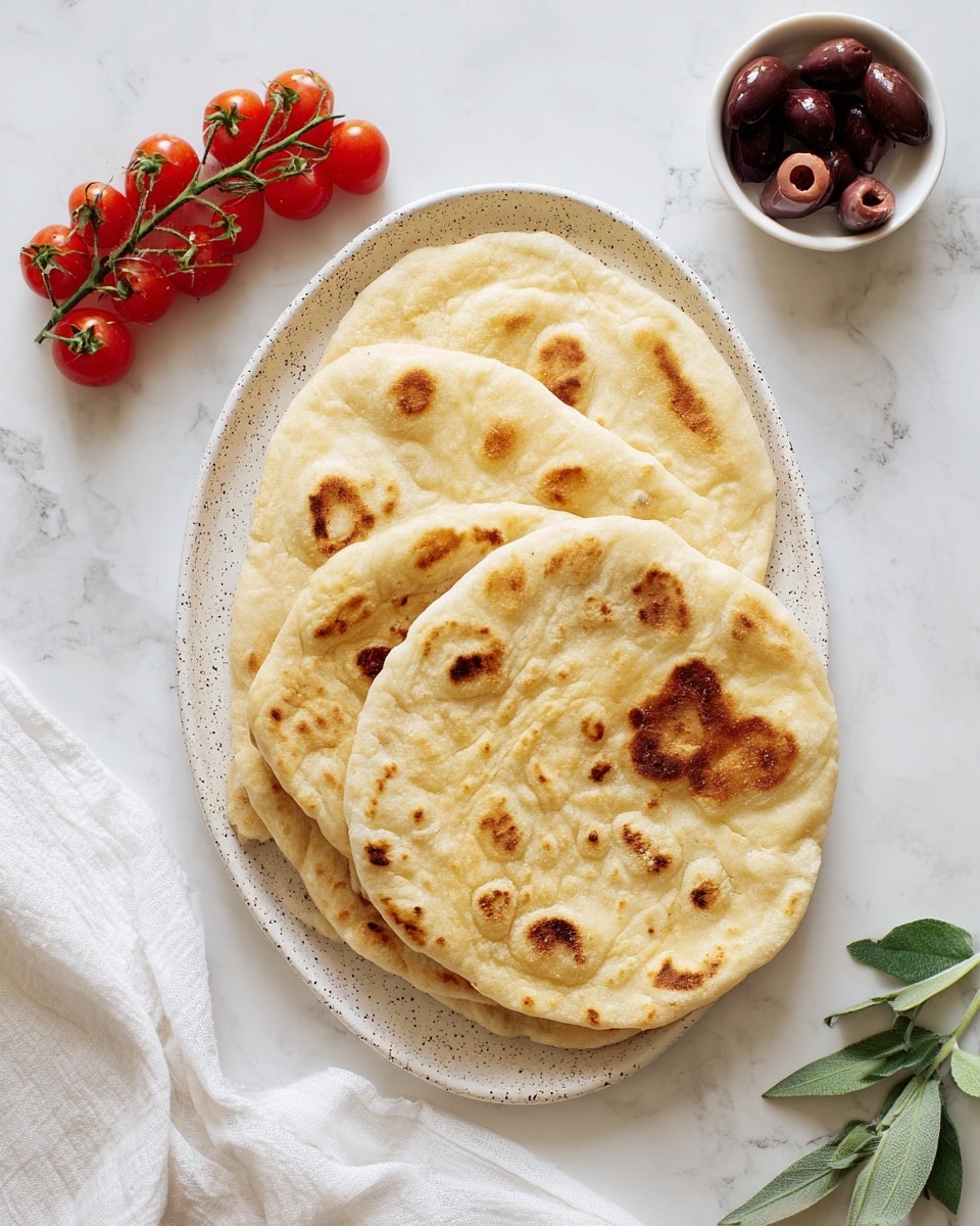 The image shows three pieces of flatbread stacked slightly overlapping on a white speckled oval plate. Each flatbread is light golden with darker brown toasted spots and a soft, slightly bubbled texture. To the upper left of the plate, a small bunch of bright red cherry tomatoes on the vine adds a fresh pop of color. On the upper right, a small white bowl holds several dark purple olives, some whole and one sliced open. A green leafy stem lies on the white marbled surface to the lower right, and a white cloth is draped along the bottom left edge of the plate. The overall scene is bright and clean, focused on the flatbreads in the center. photo taken with an iphone --ar 4:5 --v 7