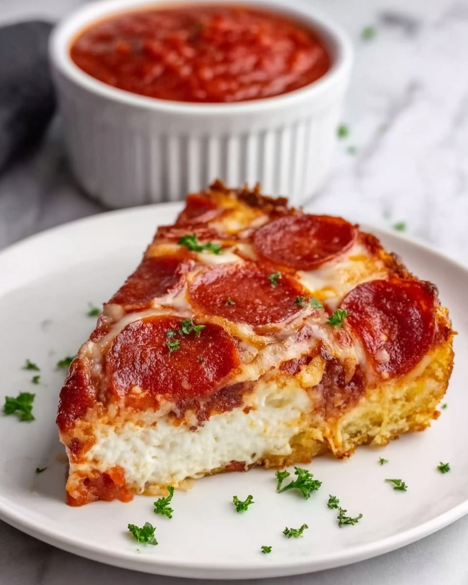 A white baking dish filled with a three-layer pepperoni pizza casserole, the bottom layer is a golden-brown crust barely visible beneath a thick layer of melted creamy white cheese with browned spots around edges, topped with shiny, dark red circular pepperoni slices evenly spread over the dish. The edges of the cheese are slightly crispy and browned, giving a textured look. In the background, two stacked white bowls hold a red tomato sauce, with a wooden spoon resting on top. The scene is set on a white marbled surface with a light gray cloth partially under the baking dish. Photo taken with an iphone --ar 4:5 --v 7