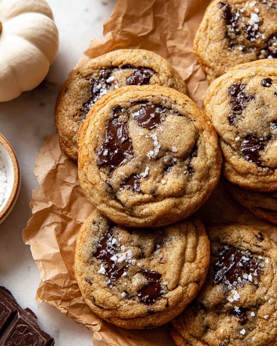 A close-up view of several fresh chocolate chip cookies stacked on crinkled brown parchment paper over a white marbled surface. The cookies are golden brown with dark, melted chocolate chunks spread unevenly across their tops and lightly sprinkled with coarse sea salt crystals. The texture of the cookies looks soft and chewy with a slightly crisp edge. To the left, there is a small white bowl with pieces of dark chocolate visible at the bottom corner, and a small white decorative pumpkin is placed near the top left of the image. Photo taken with an iphone --ar 4:5 --v 7
