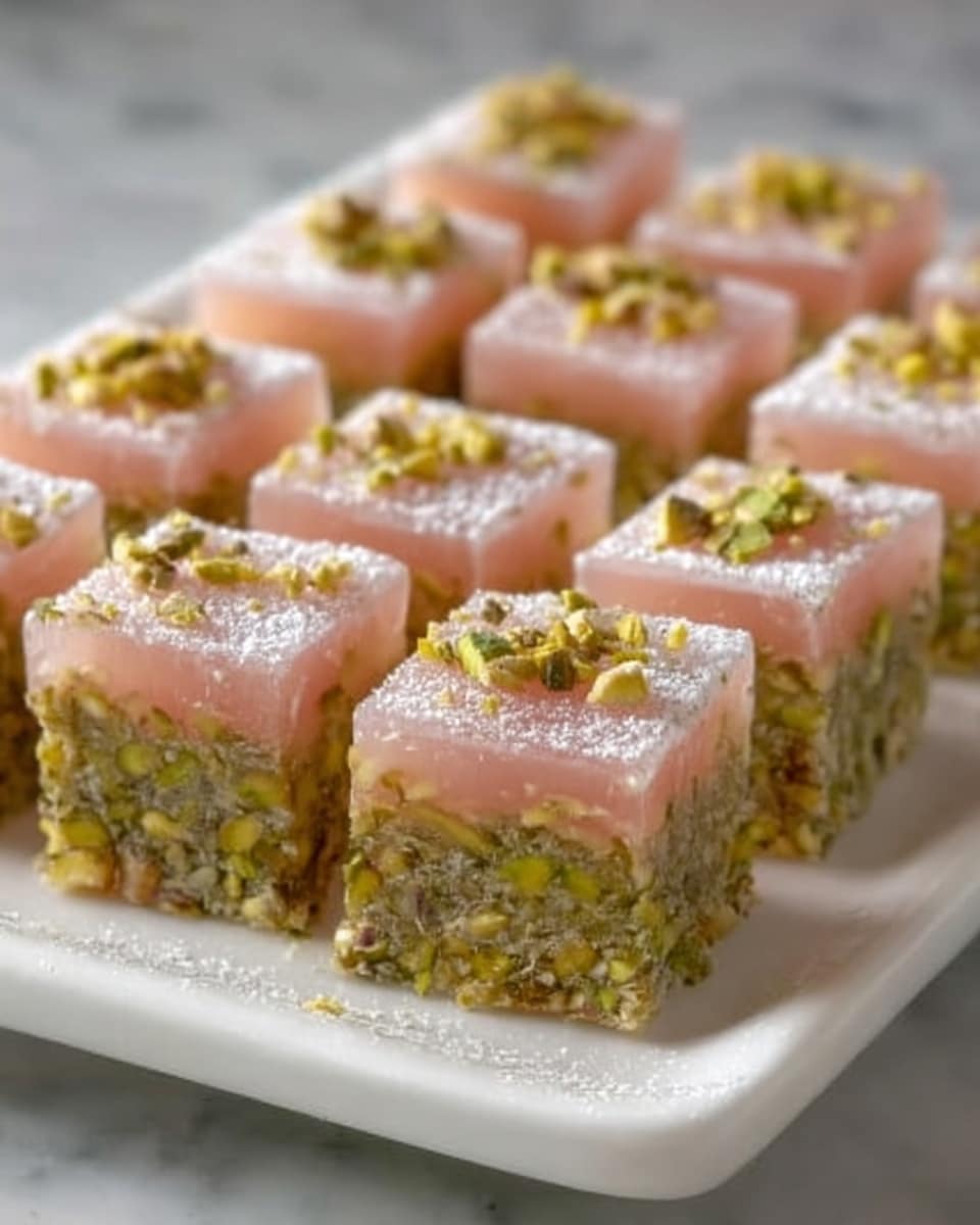 A white square plate holds small square sweets arranged neatly in rows, each piece has two layers: the bottom layer is thick and crumbly with a rough texture filled with green pistachio nuts, while the top layer is smooth and pale pink with a slightly glossy finish sprinkled lightly with crushed pistachios. The background surface is white marbled, adding a clean and simple feel to the image. Photo taken with an iphone --ar 4:5 --v 7