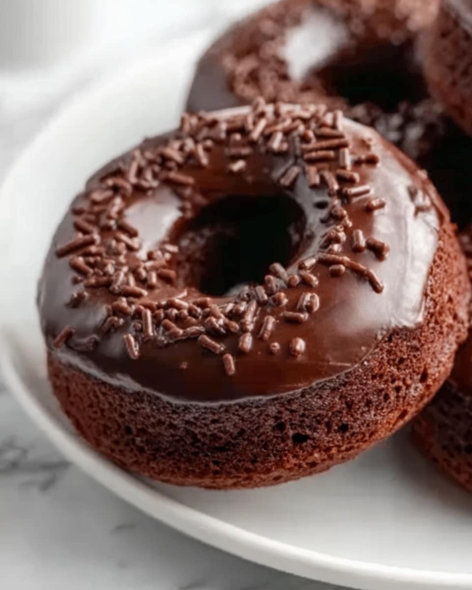 A close-up of a single chocolate donut covered in a shiny, smooth dark chocolate glaze, topped with small dark chocolate sprinkles scattered evenly across the top. The donut’s texture looks soft and moist, with a slight shine on the glaze reflecting light. It rests on a simple white round plate placed on a white marbled surface, showing the donut’s rich brown color and glossy topping clearly. Photo taken with an iphone --ar 4:5 --v 7