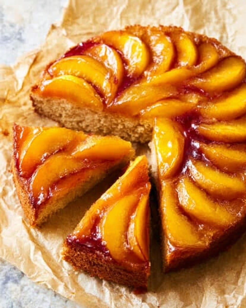 The image shows a close-up of glossy, golden-orange peach slices arranged in a circular pattern, each slice slightly overlapping the next to form a spiral. The edges of the peach slices are a deep red, caramelized and shiny, giving a rich texture contrast to the smooth, juicy flesh inside. Light white powdered sugar is sprinkled unevenly across the surface, adding a soft dusting over the vibrant fruit. The background is a white marbled texture that highlights the warm colors of the peaches. photo taken with an iphone --ar 4:5 --v 7