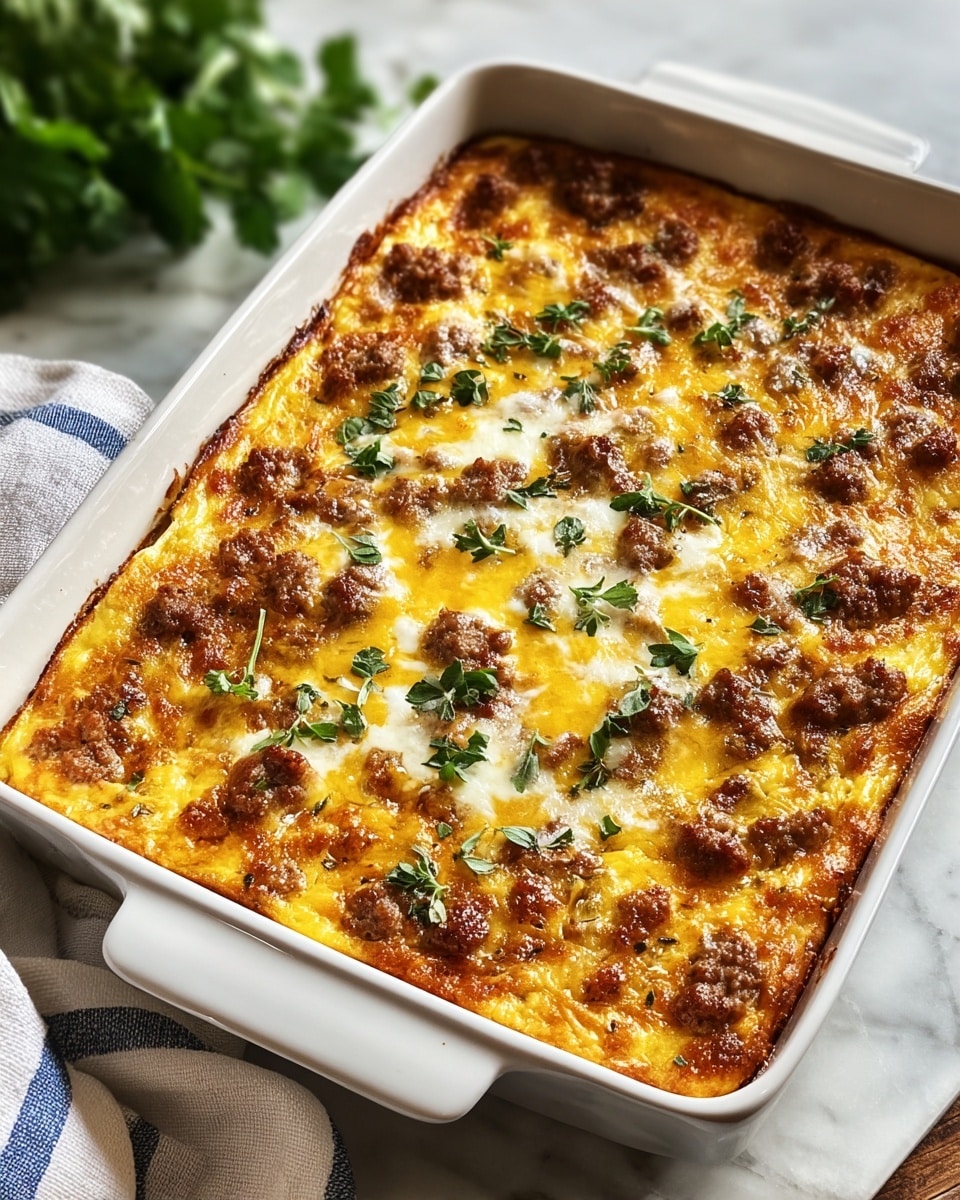 A rectangular white baking dish holds a three-layer casserole with a browned top layer of melted yellow and white cheese mixed with small browned sausage pieces scattered evenly. Fresh green herb leaves are sprinkled on top, adding a fresh color contrast. The edges of the dish show a slightly browned crust from baking. The dish sits on a white marbled surface next to a white cloth with blue stripes, and blurred green leaves are in the background. Photo taken with an iphone --ar 4:5 --v 7
