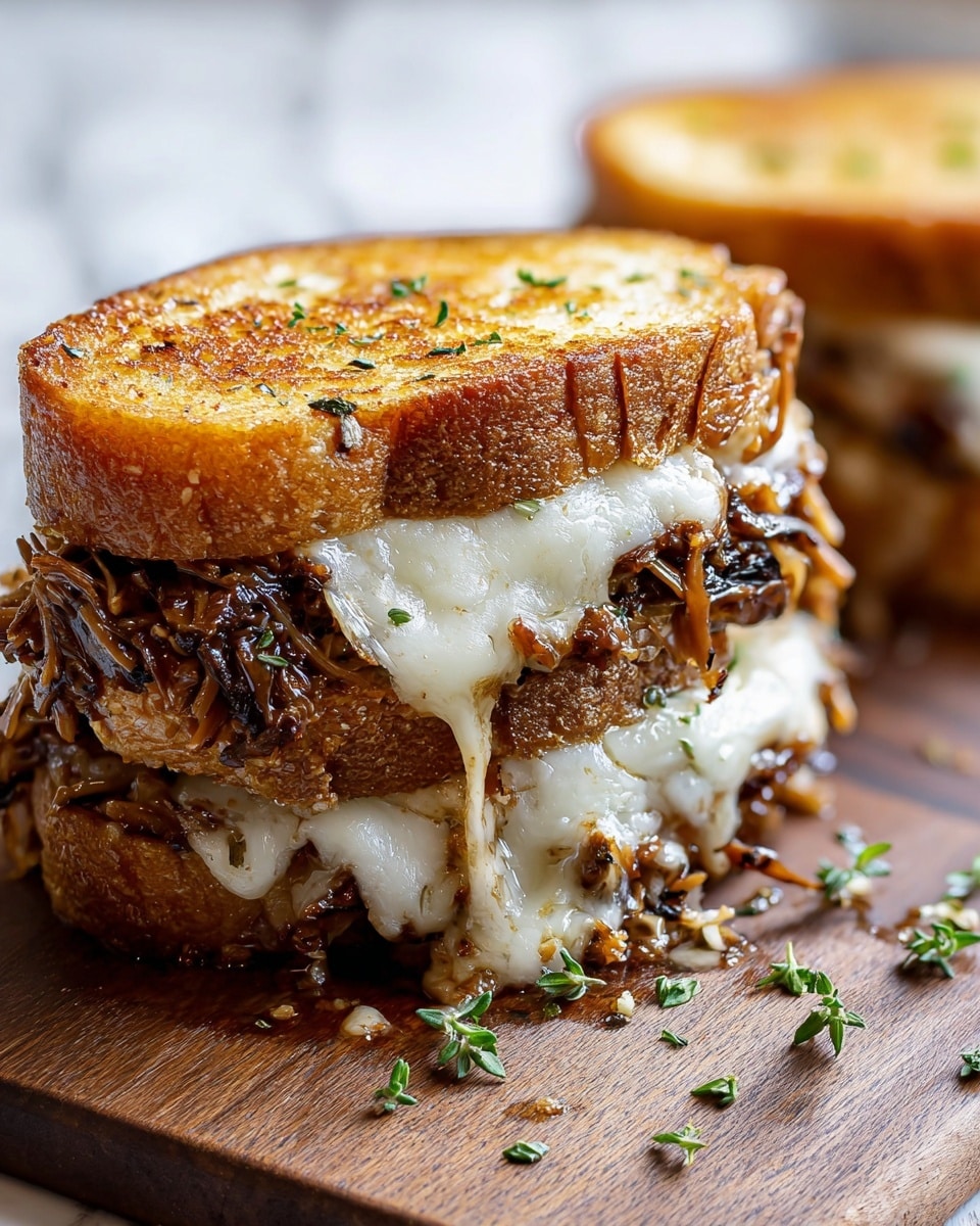 A close-up view of a grilled sandwich with three layers: the top and bottom are toasted golden brown bread slices with a slightly crispy texture and light brown edges; the middle layer is filled with melted white cheese that oozes out and a mixture of dark brown saucy shredded meat or mushrooms. The sandwich is placed on a wooden cutting board with small green herb pieces sprinkled around. The background is softly blurred with a white marbled texture visible. Photo taken with an iphone --ar 4:5 --v 7