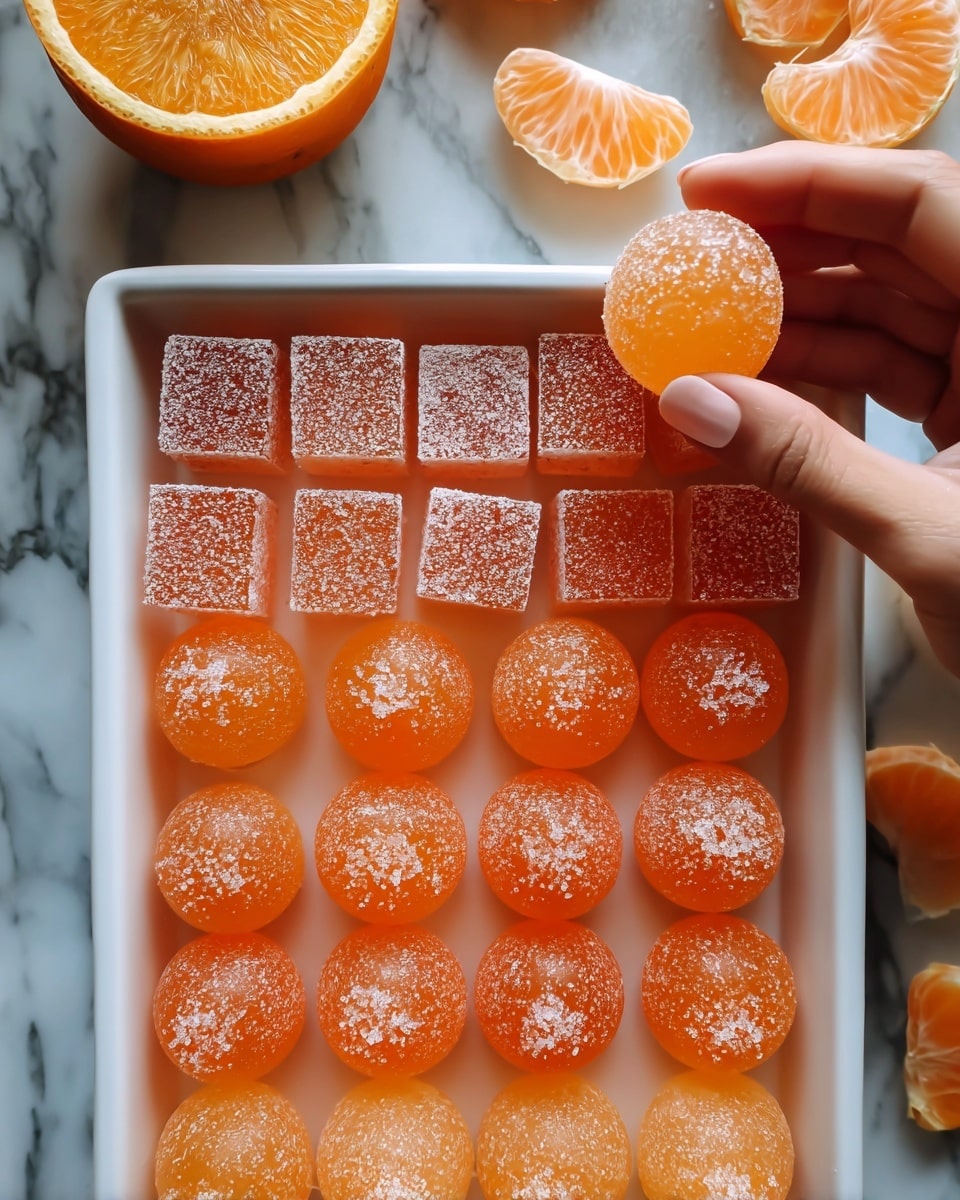 A clear rectangular container filled with round and square orange jelly candies, coated with a light layer of sugar crystals that sparkle in the light. The round candies are detailed with a pattern resembling citrus fruit slices, showing thin segment lines inside, while the square ones have a smooth gelatin texture. Two woman's hands hold the container from the sides, with soft natural lighting highlighting the translucent and glossy surface of the candies. The background is a white marbled texture. photo taken with an iphone --ar 4:5 --v 7