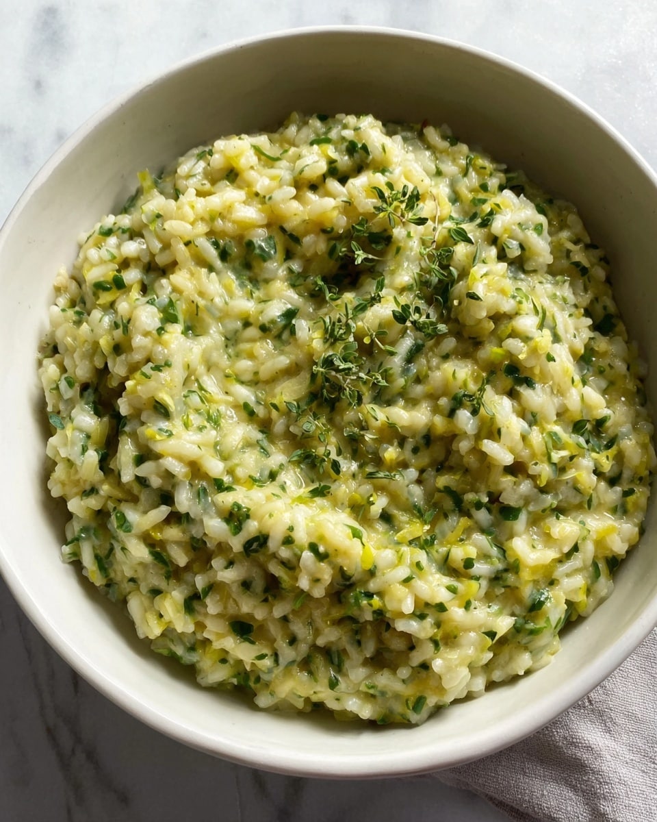 A white bowl filled with creamy risotto that has a mix of pale yellow rice and green herbs. The risotto has a smooth, slightly shiny texture with small bits of finely chopped herbs spread evenly throughout. The bowl sits on a white marbled surface, giving a clean and fresh look. Photo taken with an iphone --ar 4:5 --v 7