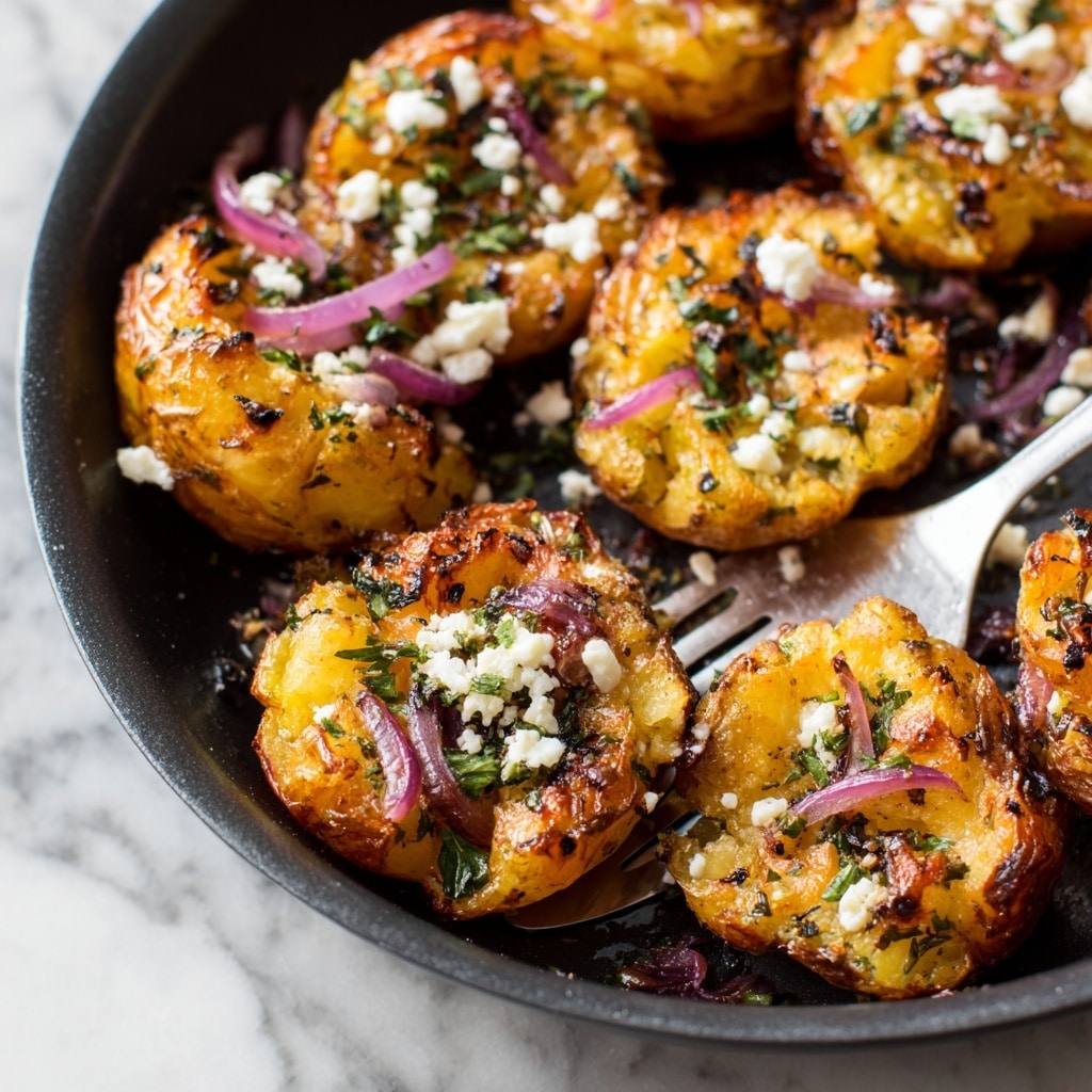A tray full of small golden-brown roasted potatoes with a crispy, crackled skin texture. Each potato is split open in the middle, revealing a soft, creamy, pale yellow inside. The potatoes vary slightly in size and are spread evenly across a dark baking tray with some browned, slightly charred spots adding a rustic look. The background features a subtle white marbled texture. photo taken with an iphone --ar 4:5 --v 7
