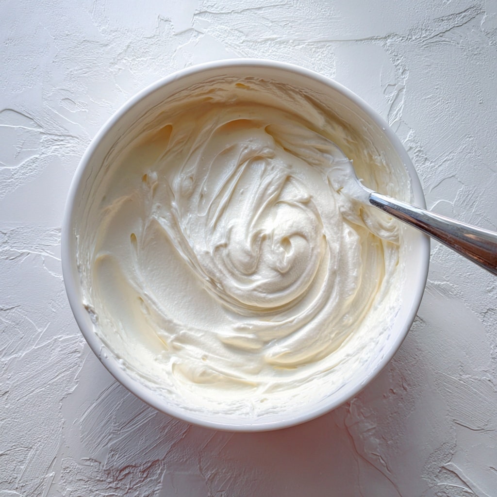 A clear glass bowl filled with one thick layer of light beige, fluffy whipped cream with a smooth and slightly textured surface. A spoon is partly dipped into the whipped cream, lifting some of it, causing soft folds and creamy peaks in the mixture. The bowl sits on a white marbled surface with a soft, pale cloth nearby. Photo taken with an iphone --ar 4:5 --v 7