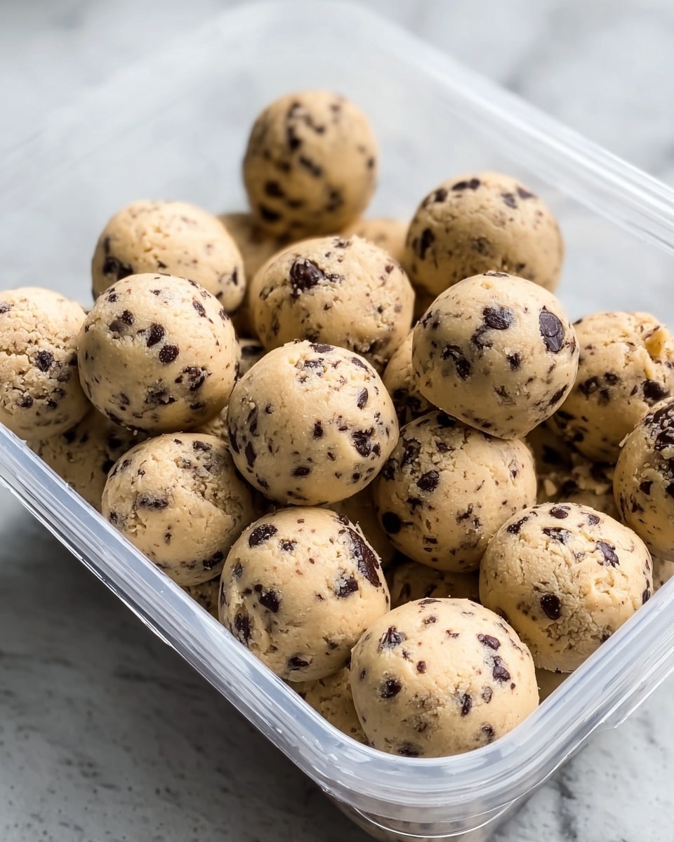 The image shows a clear plastic container filled with many small round balls of cookie dough. Each ball has a beige base color with dark chocolate chunks scattered evenly throughout, giving a speckled appearance. The dough balls have a slightly rough texture with some cracks and visible chocolate pieces embedded on the surface. The container is placed on a white marbled surface that is softly blurred in the background. The photo taken with an iphone --ar 4:5 --v 7