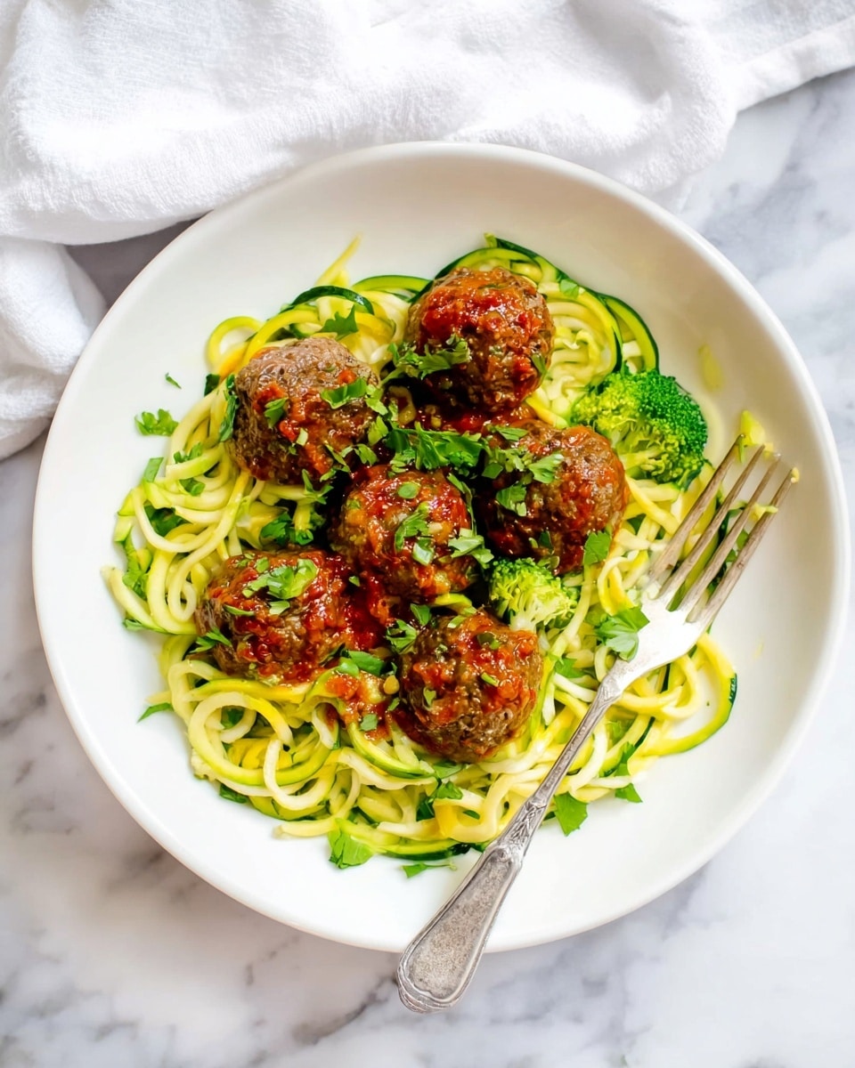 A white plate is filled with a base layer of light yellow and green zucchini noodles that look fresh and spiral-shaped. On top, there are five brown meatballs with a slightly shiny and textured surface, each sprinkled lightly with red sauce and green chopped herbs. Small pieces of green broccoli are scattered around the meatballs and noodles. A silver fork is placed on the right side of the plate, resting on the noodles. The whole scene is set on a white marbled surface with a soft white cloth partially visible in the background. photo taken with an iphone --ar 4:5 --v 7